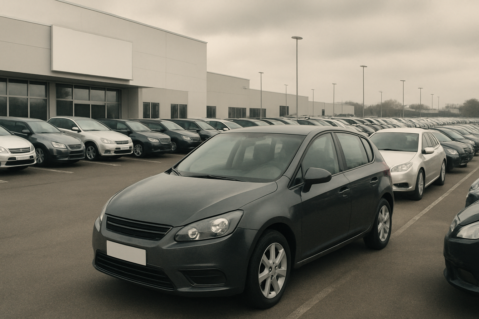 A grey hatchback stands in the foreground of a large car dealership lot filled with parked vehicles under an overcast sky