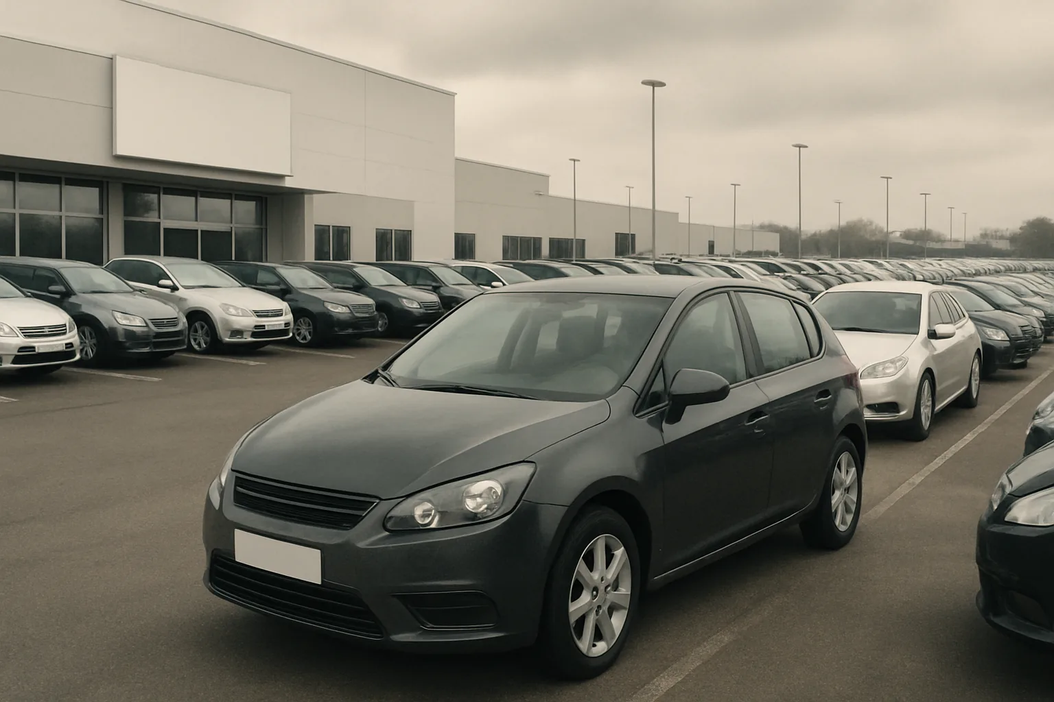 A grey hatchback stands in the foreground of a large car dealership lot filled with parked vehicles under an overcast sky