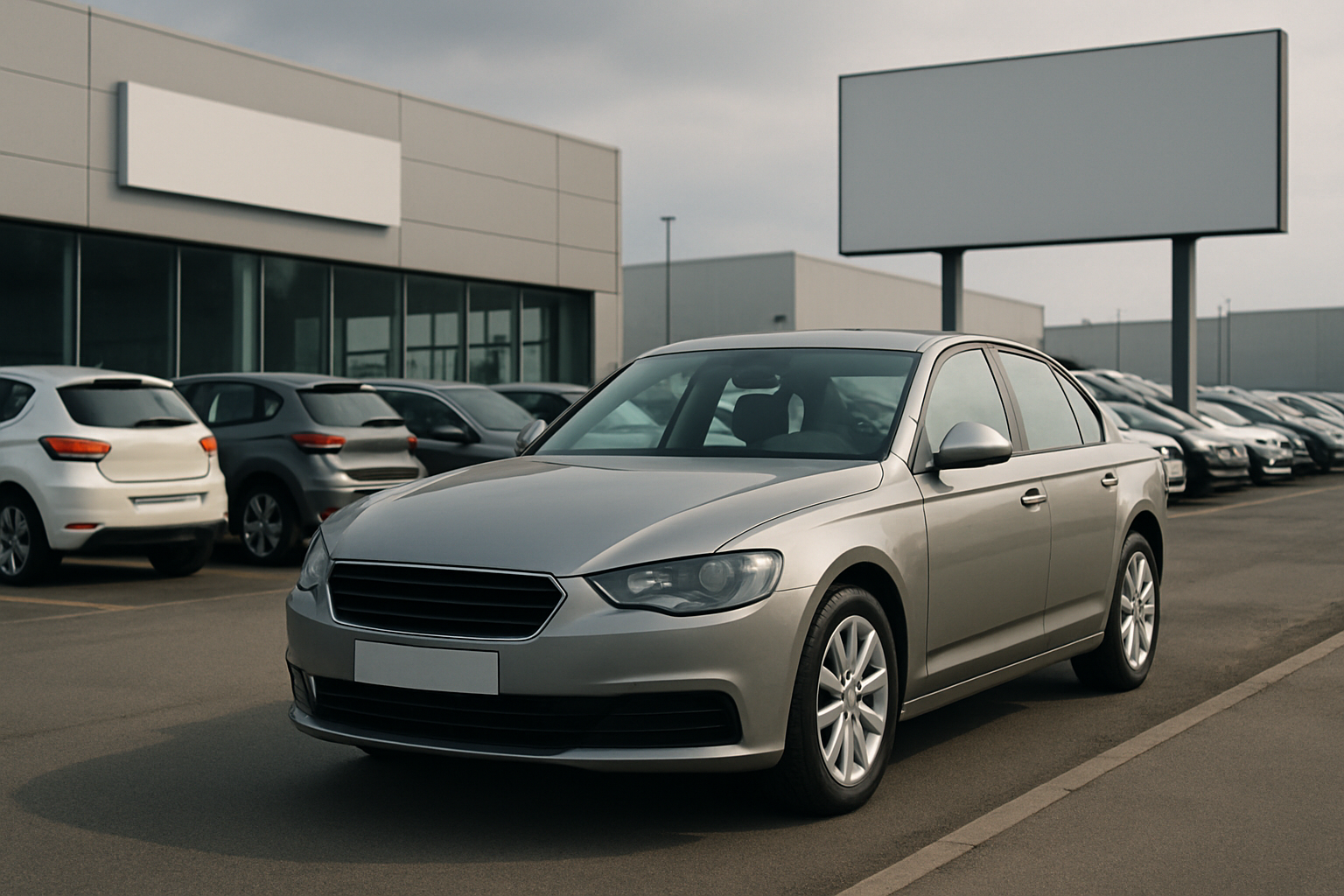 A sleek silver sedan parked in front of a modern car dealership with blank billboards and rows of other vehicles under a cloudy sky