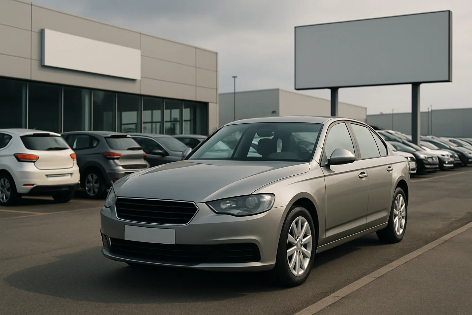 A sleek silver sedan parked in front of a modern car dealership with blank billboards and rows of other vehicles under a cloudy sky