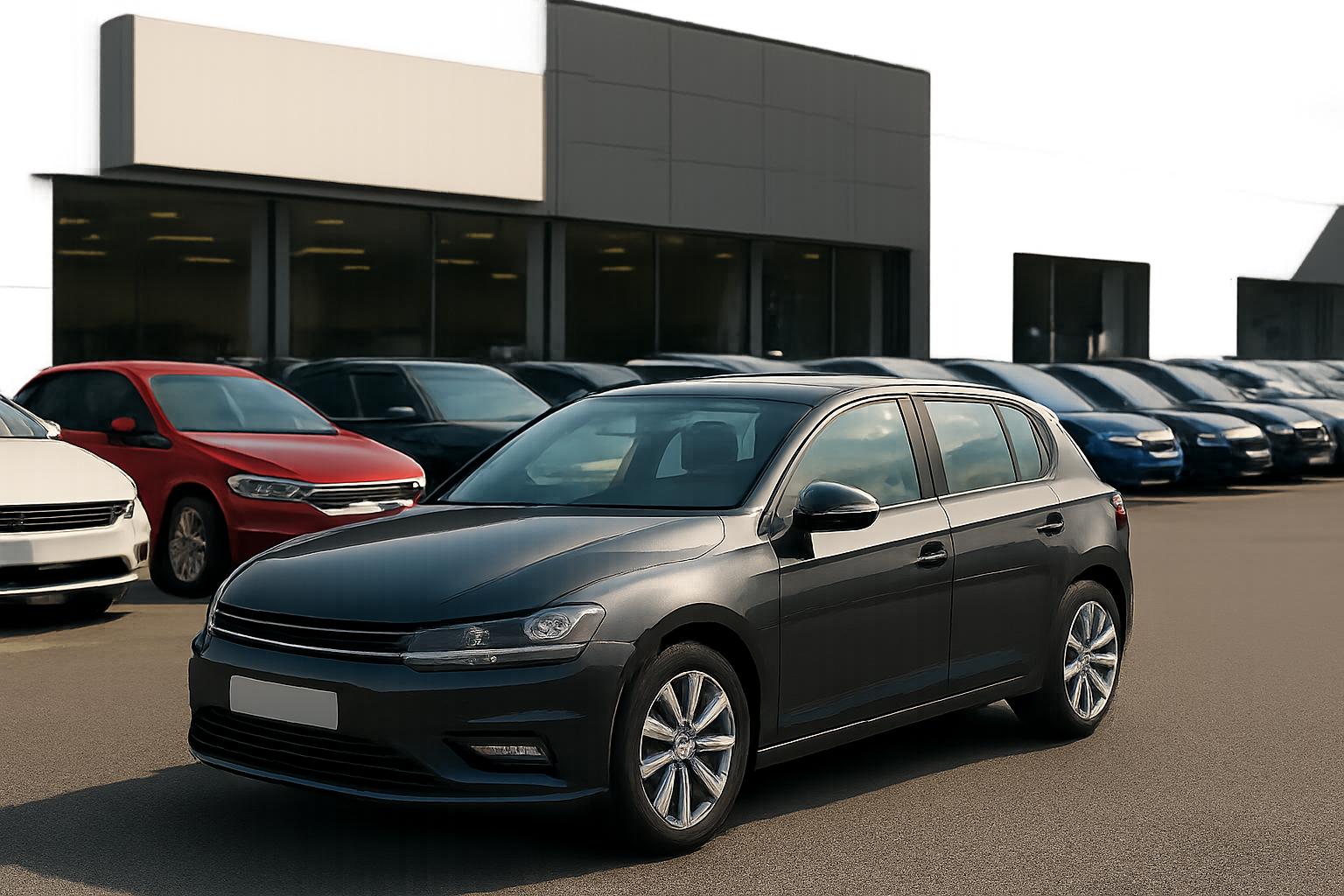 Dark metallic hatchback with tinted windows parked at an angle in front of a row of various colored cars and a modern dealership