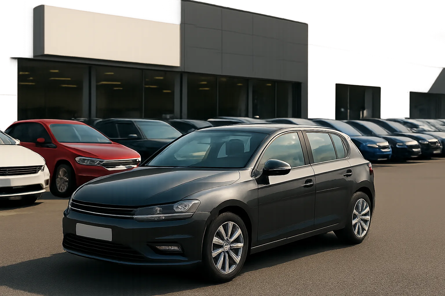 Dark metallic hatchback with tinted windows parked at an angle in front of a row of various colored cars and a modern dealership