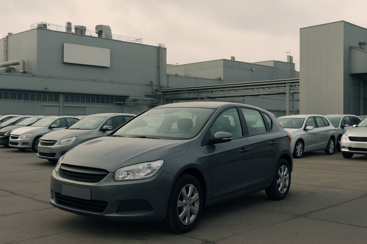 Grey compact car parked in front of rows of similar vehicles with large industrial buildings under an overcast sky