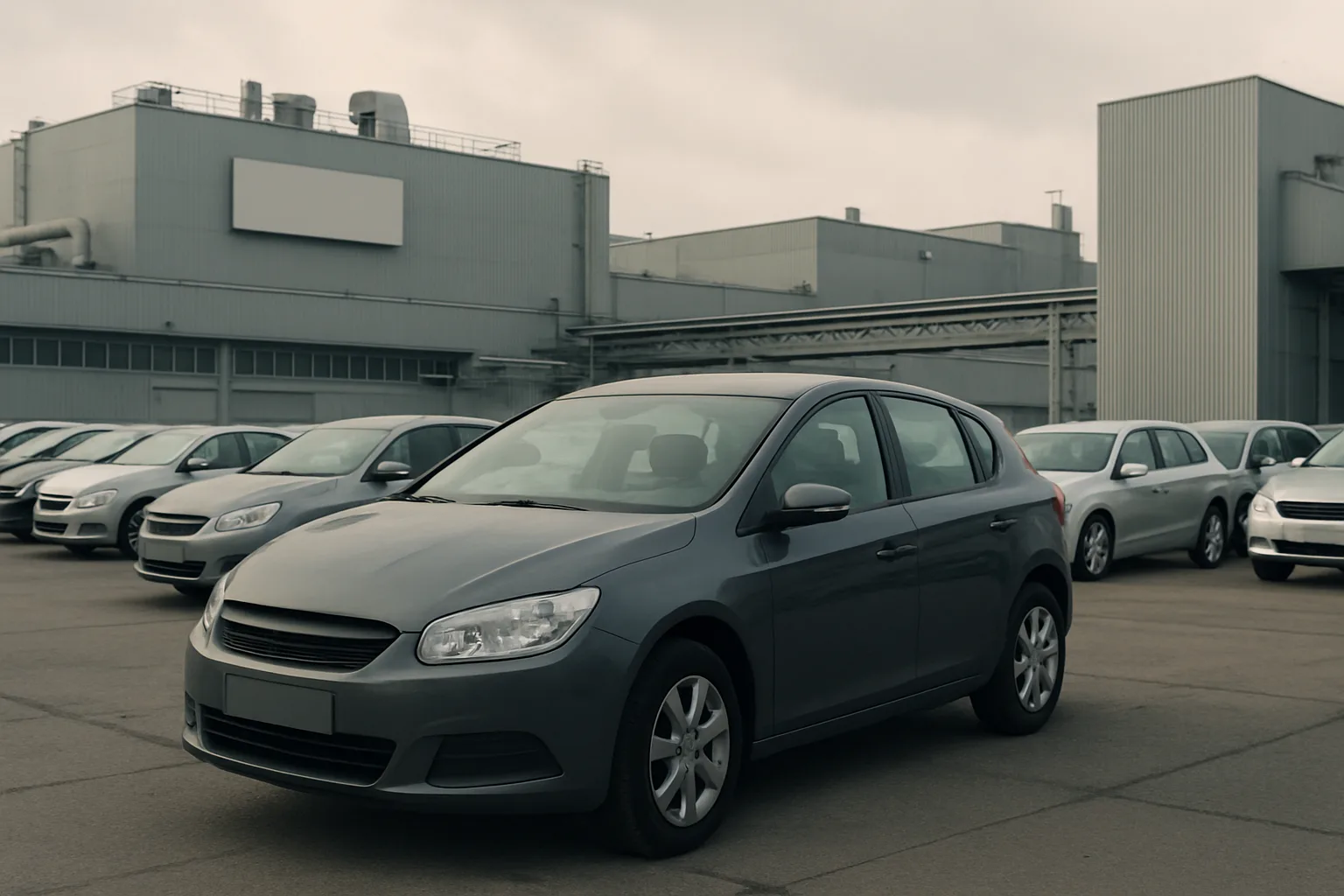 Grey compact car parked in front of rows of similar vehicles with large industrial buildings under an overcast sky