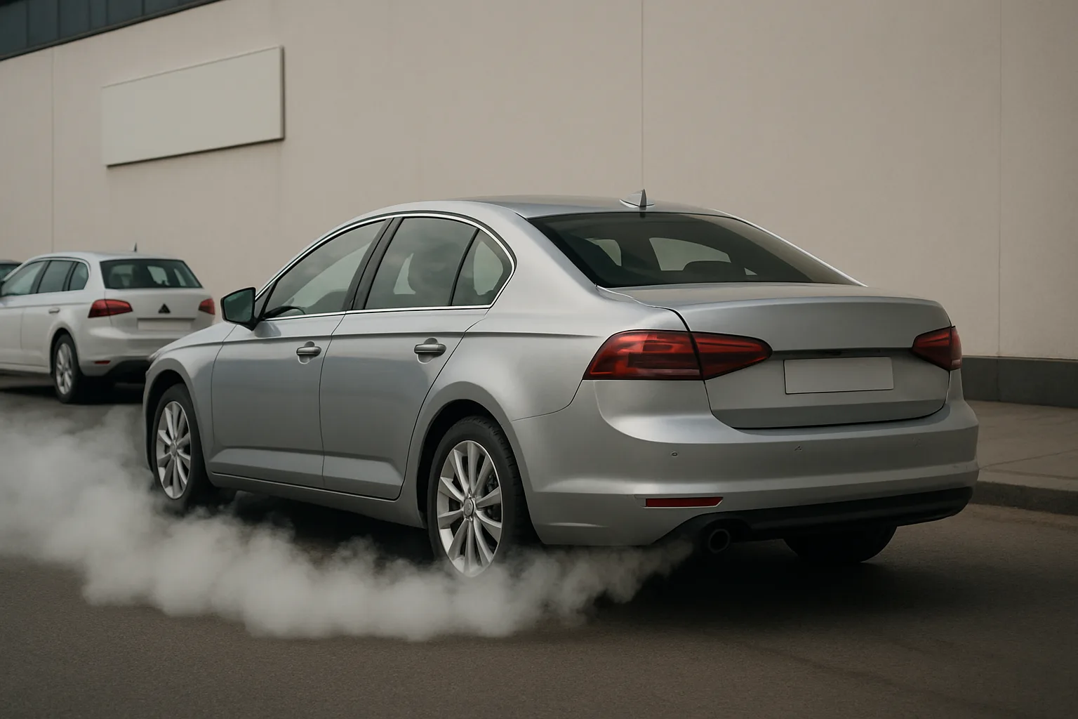 A silver sedan emitting thick white exhaust while parked beside another white car on a grey urban street