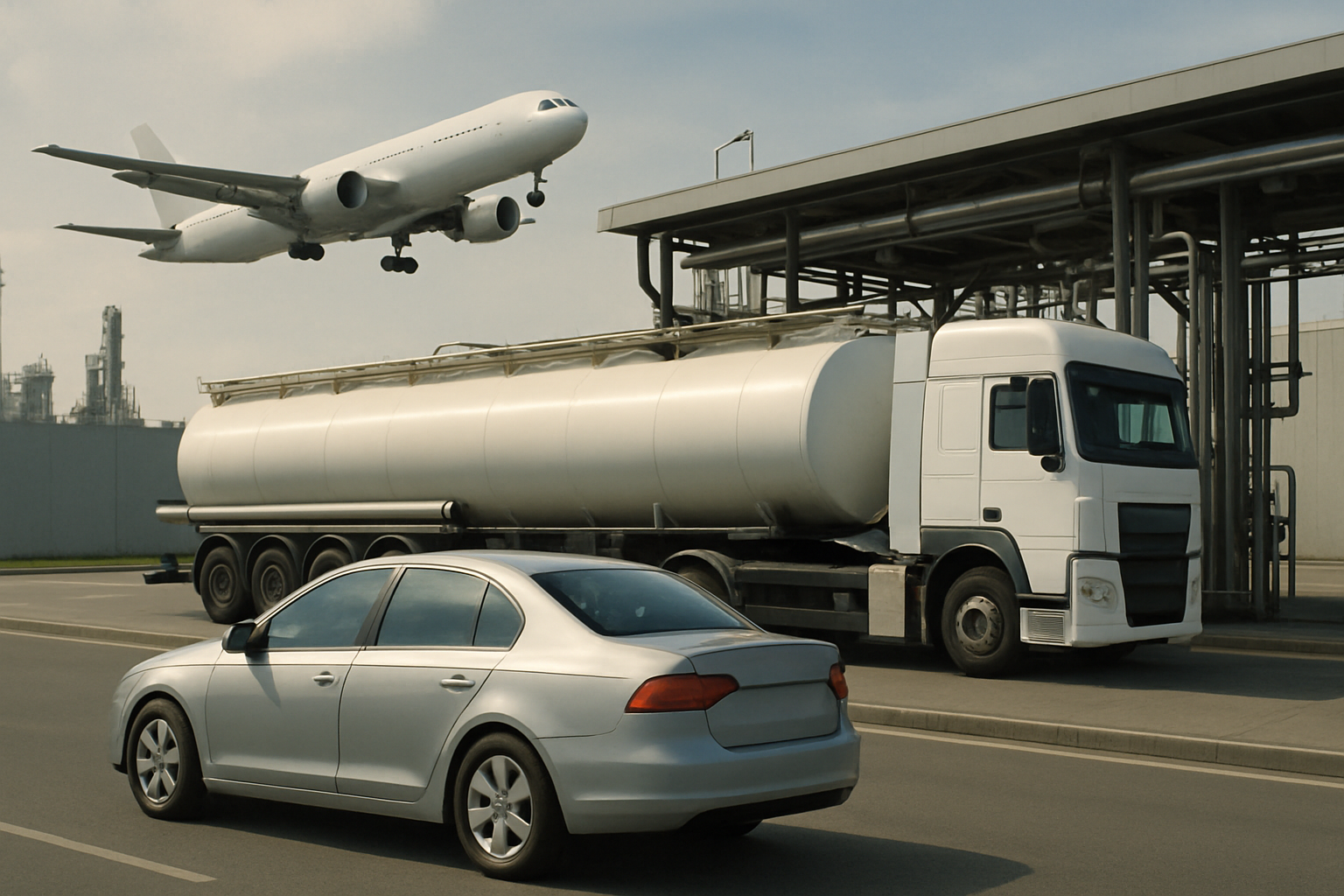 A grey sedan and a large white tanker truck parked near industrial piping as a white passenger jet takes off overhead