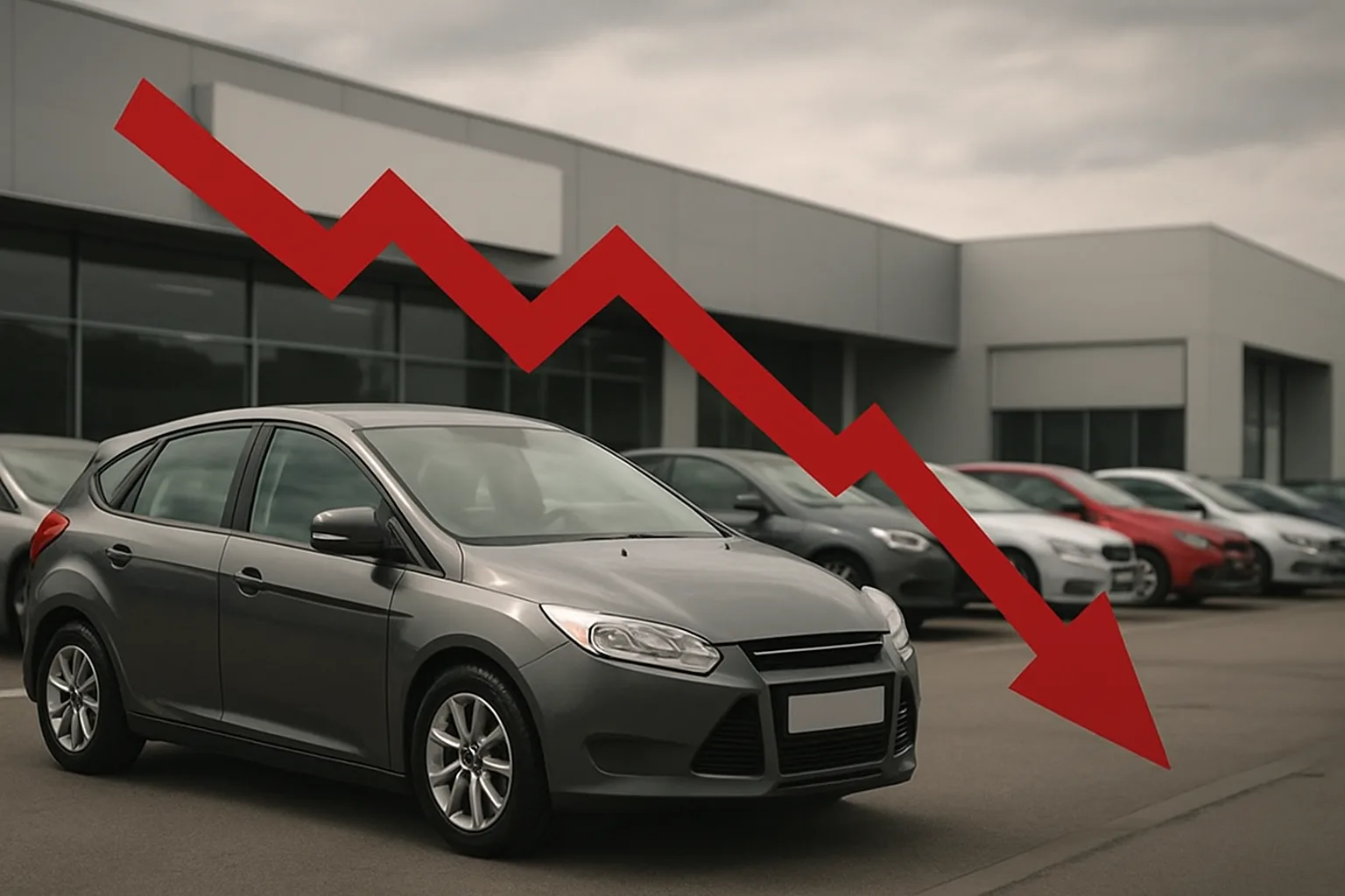 A row of parked cars outside a grey car dealership with a large red downward arrow above them