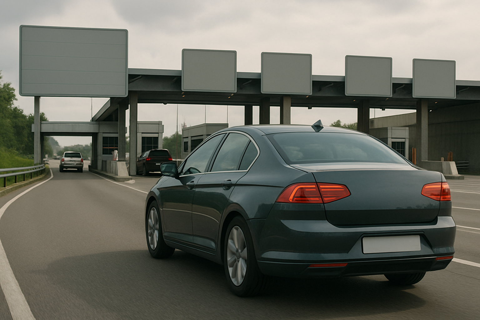 Grey sedan approaches a modern toll booth with blank signs overhead on an overcast day, other cars ahead on the road