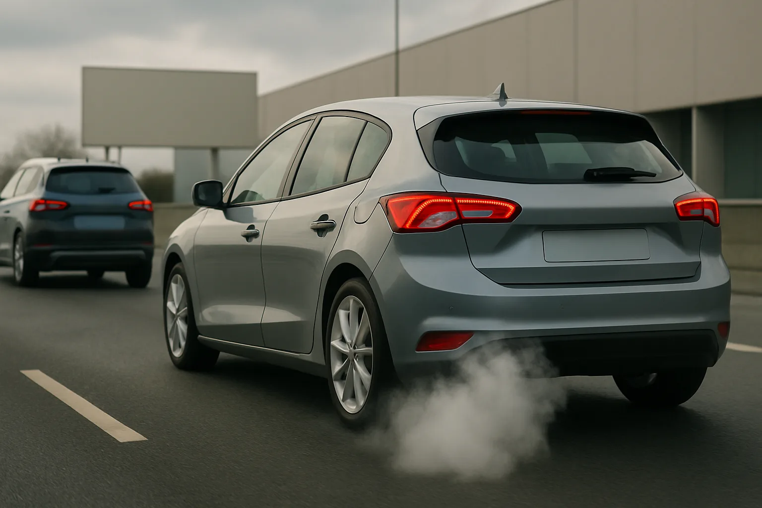 Grey hatchback with visible exhaust fumes drives on a wet road alongside another car, with overcast sky and blank billboards