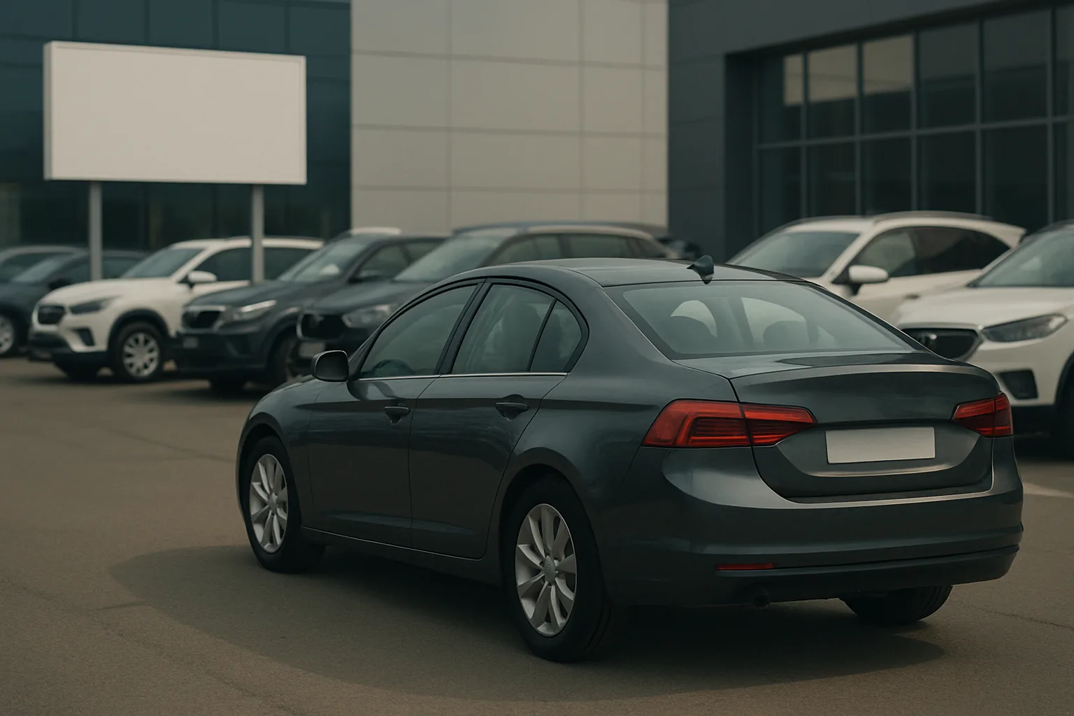 A row of grey and white sedans parked on an outdoor lot beside a modern glass-panelled building under cloudy light