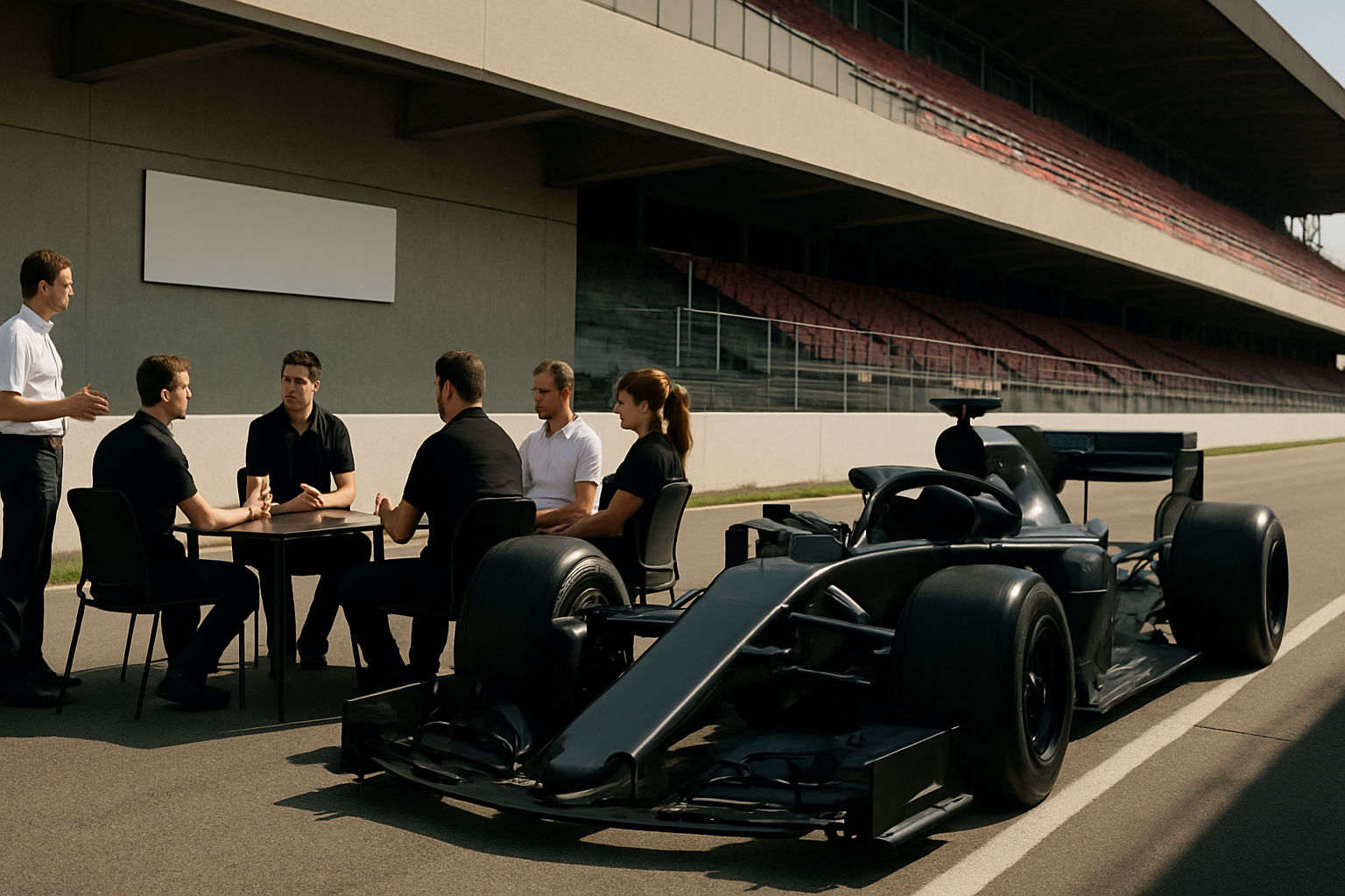 Seven people in black and white shirts sit around a table on a racetrack beside a matte black racecar and empty grandstands
