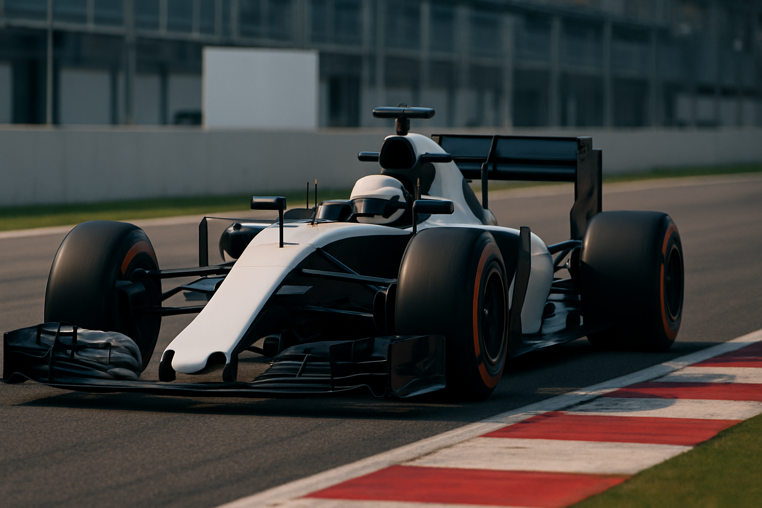 Black and white open-wheel race car with red-striped slick tires on a racetrack next to a pit lane barrier