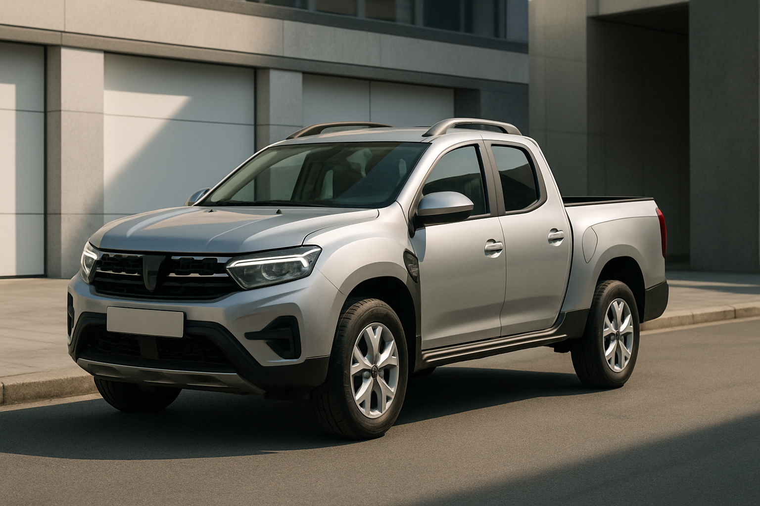 Silver-grey pickup truck with black trim and alloy wheels parked on a sunlit street beside modern concrete buildings