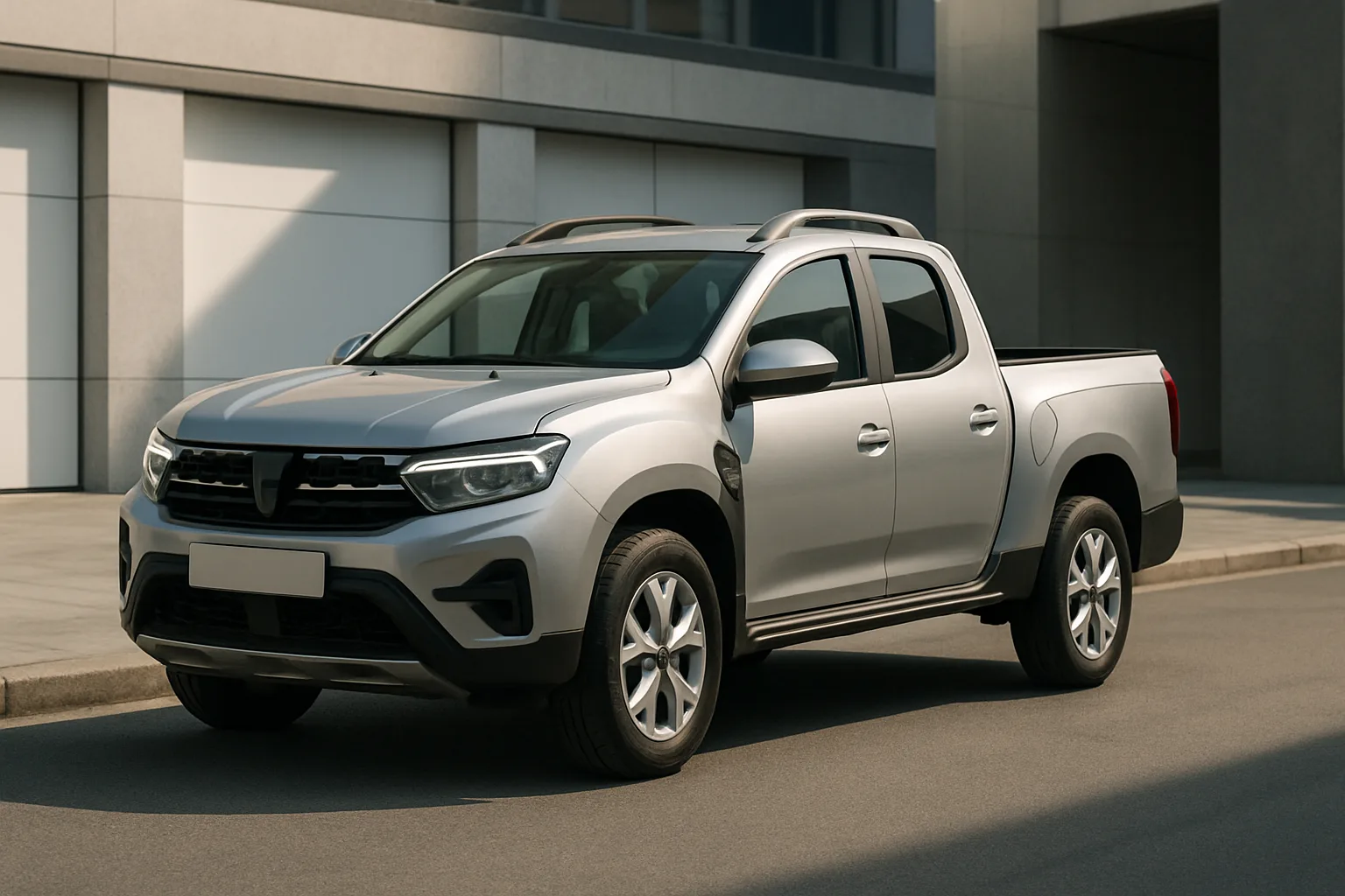 Silver-grey pickup truck with black trim and alloy wheels parked on a sunlit street beside modern concrete buildings