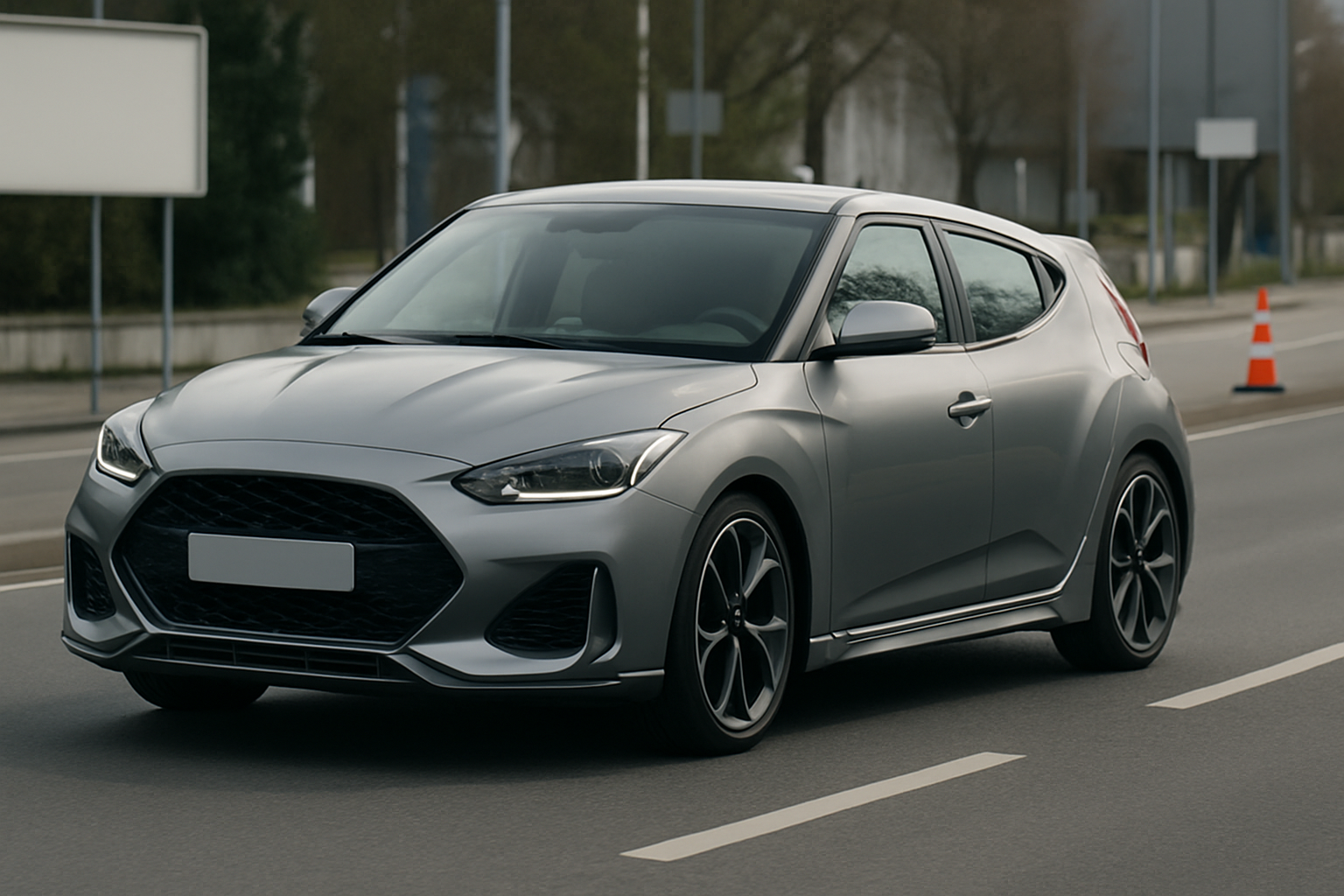 A sleek, metallic-grey hatchback with dark alloy wheels drives on a city street past blurred traffic cones and trees
