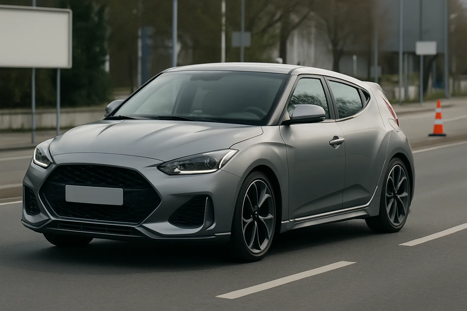 A sleek, metallic-grey hatchback with dark alloy wheels drives on a city street past blurred traffic cones and trees