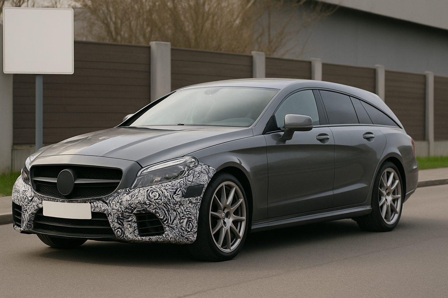 A sleek grey estate car with patterned camouflage on the front bumper parked beside a tall wooden fence in daylight