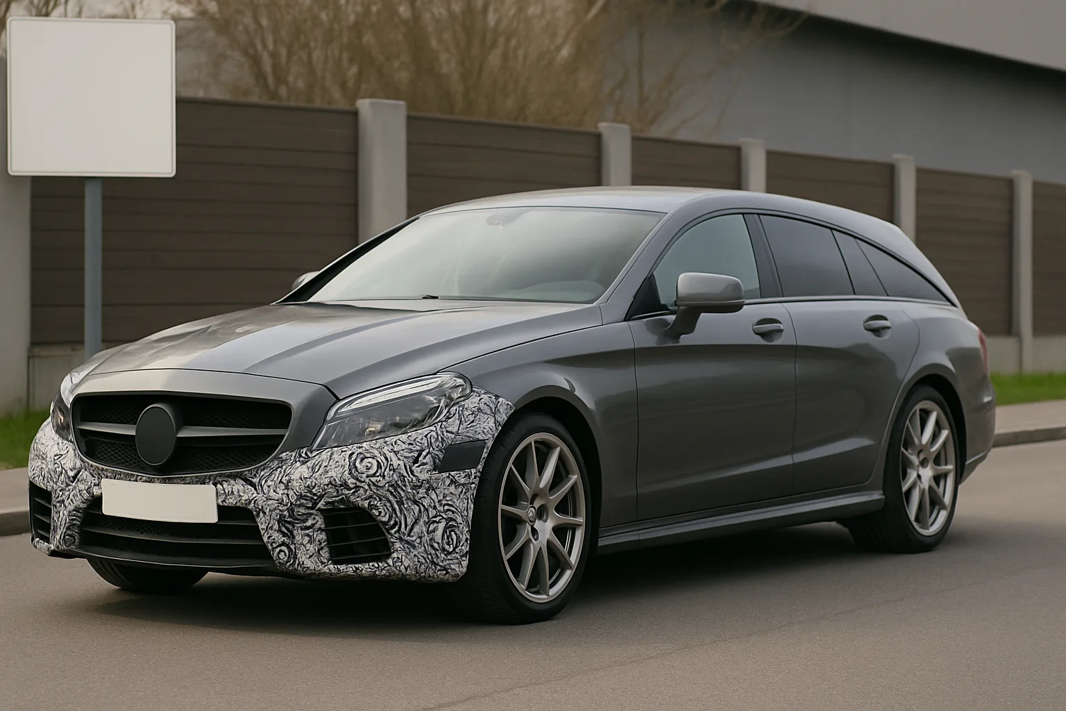 A sleek grey estate car with patterned camouflage on the front bumper parked beside a tall wooden fence in daylight