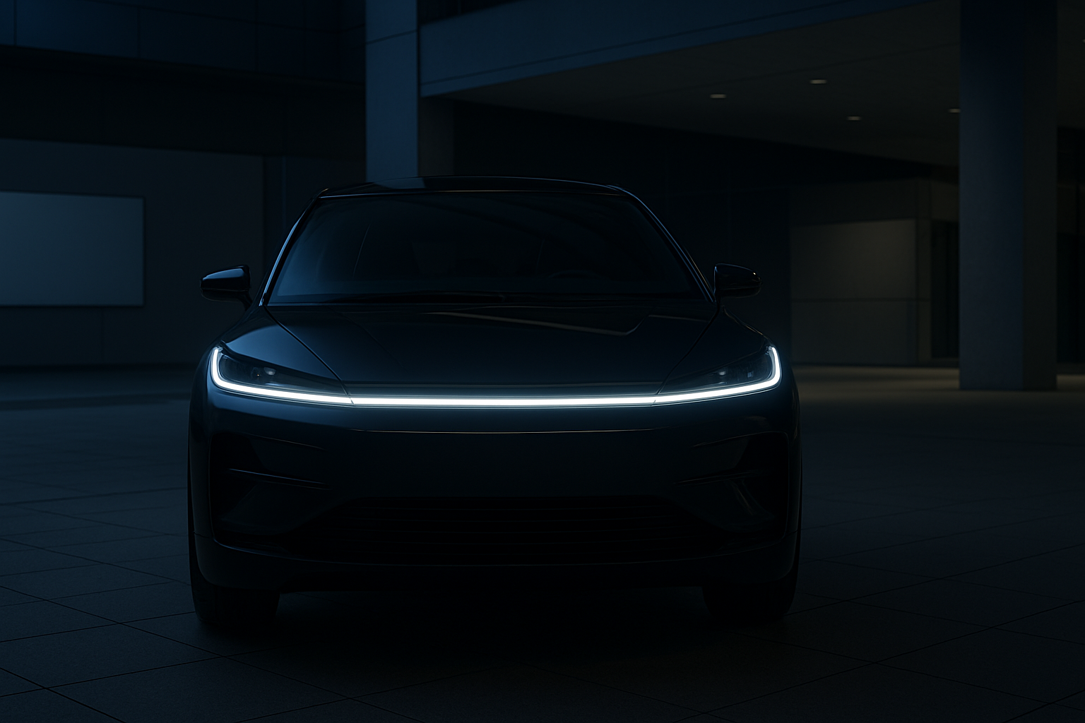 Sleek dark vehicle front with a glowing, seamless horizontal white light strip in a shadowy urban setting