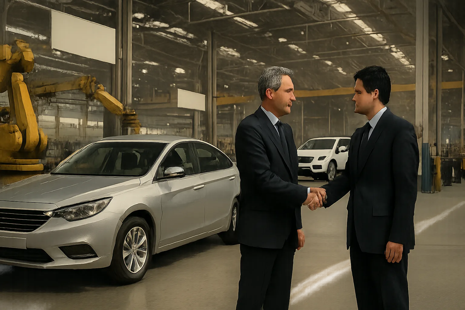 Two men in dark suits shake hands in a spacious factory with silver cars and large yellow robotic arms in the background