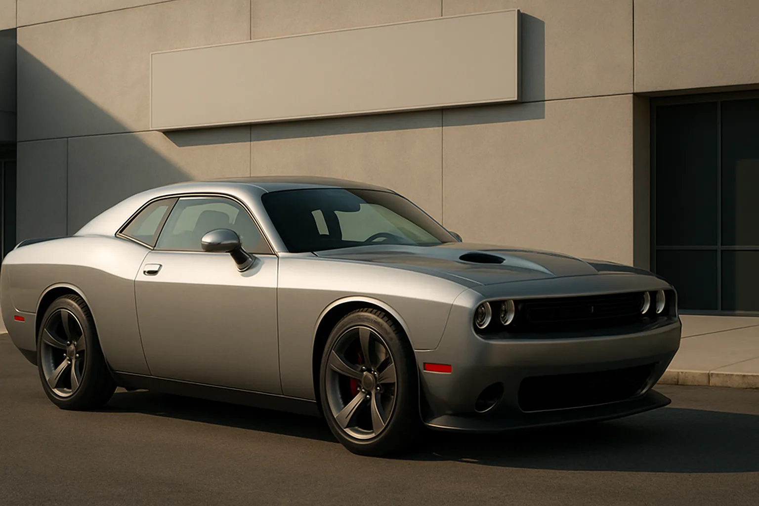 A sleek matte silver coupe with wide tires and dark alloy wheels parked by a modern beige building in soft sunlight