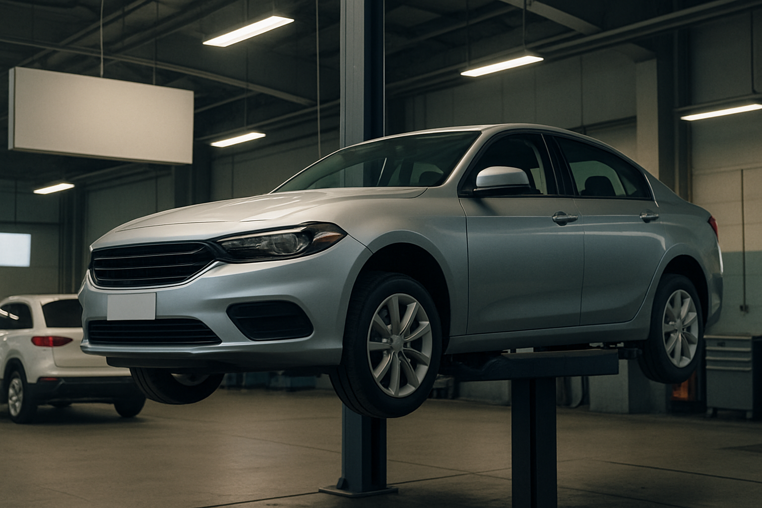 A silver sedan with plain wheels raised on a hydraulic lift inside a spacious, dimly lit car workshop