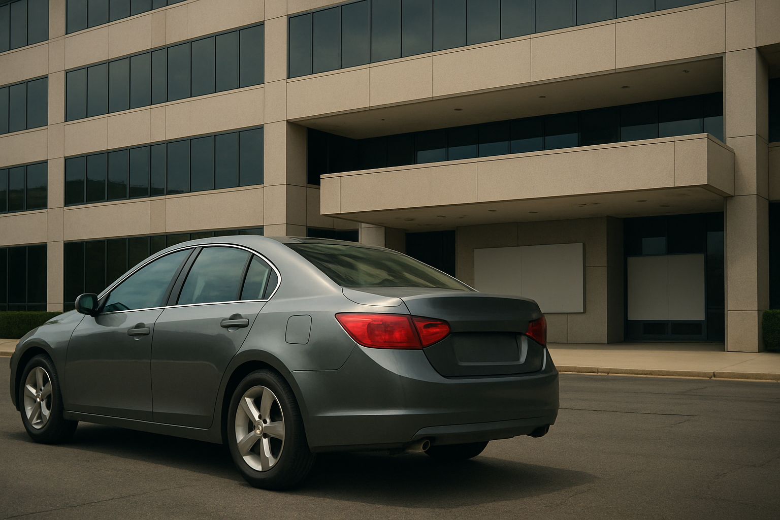 A gray sedan parked on an empty street in front of a modern beige office building under soft, overcast light