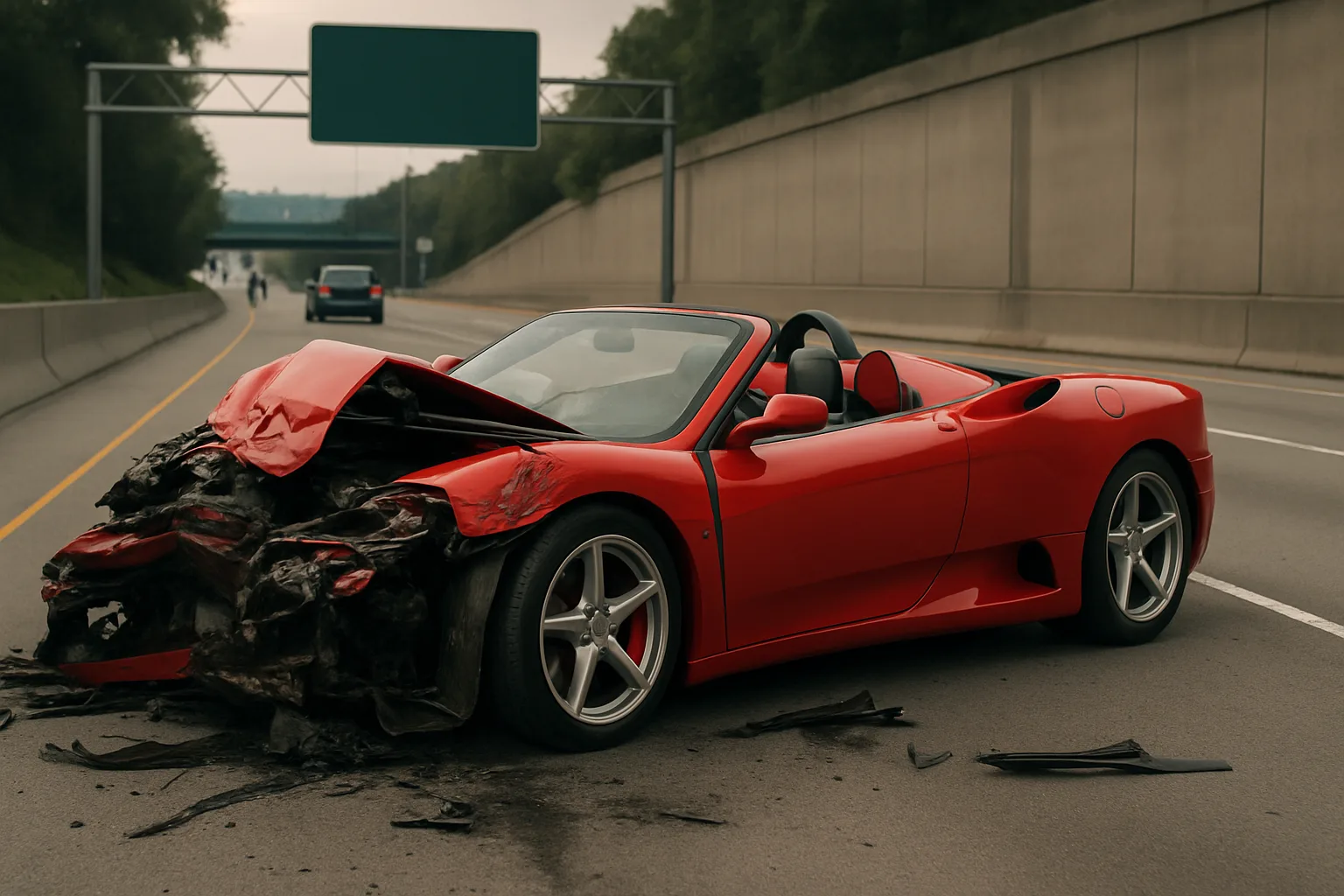 Bright red convertible with severe front-end damage sits on empty highway, scattered debris and overcast sky in background