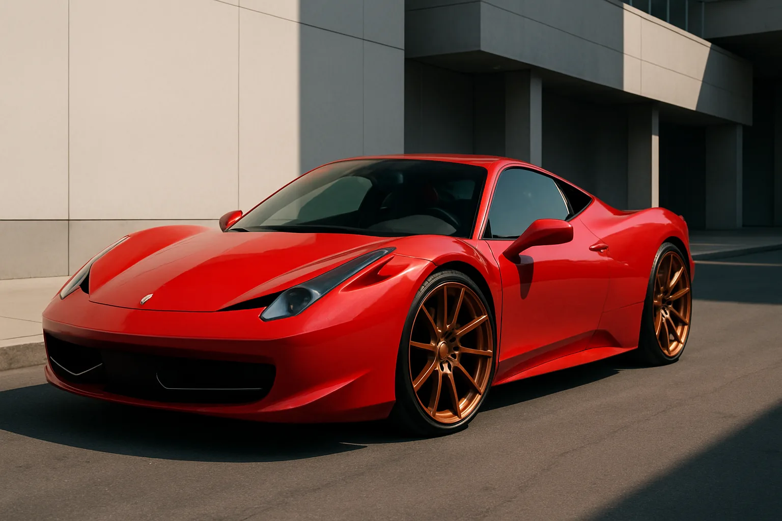 Sleek red sports car with metallic bronze multi-spoke wheels parked in sunlight beside a modern grey building