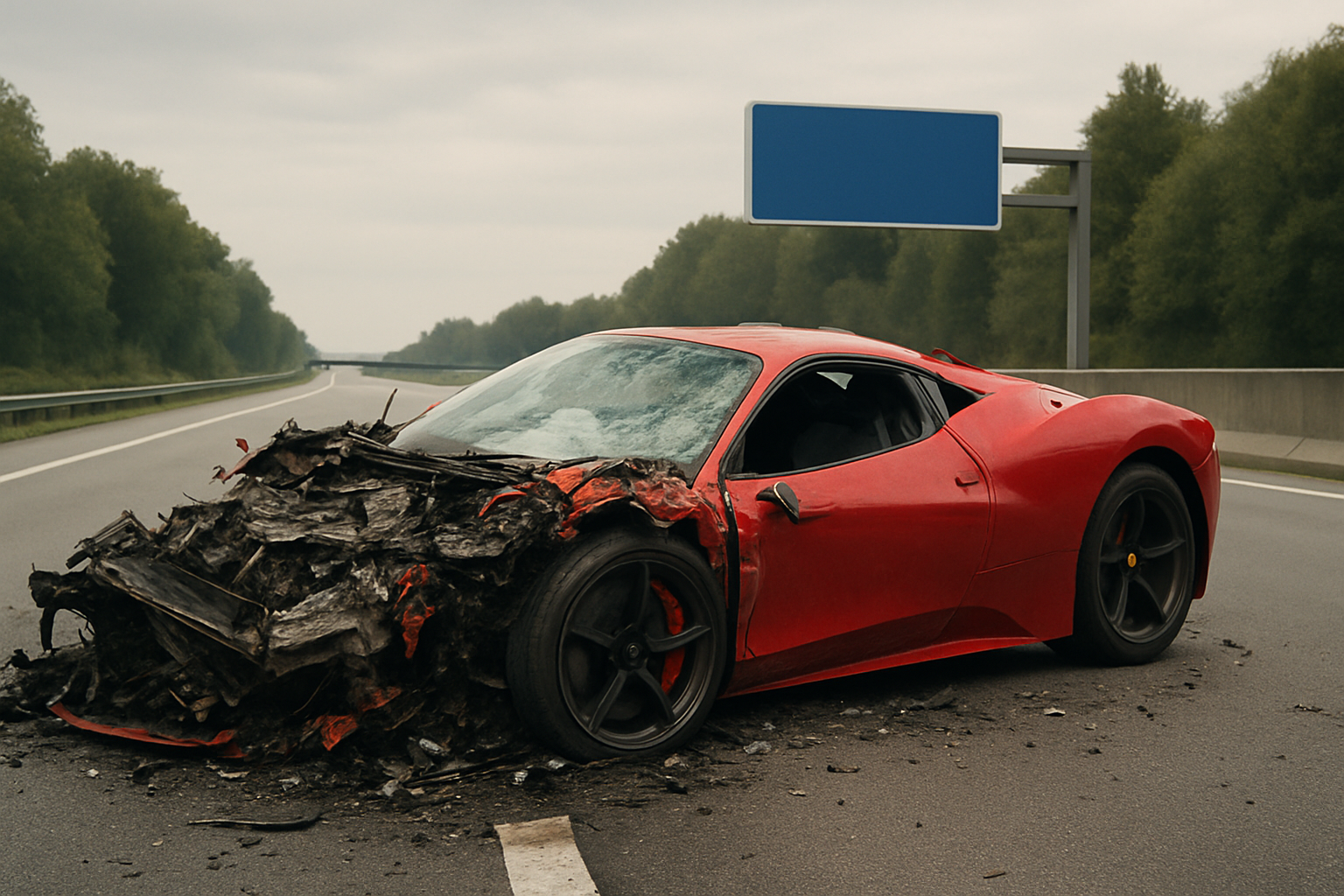 Red sports car with a demolished front end sits on an empty highway under cloudy skies, flanked by green trees