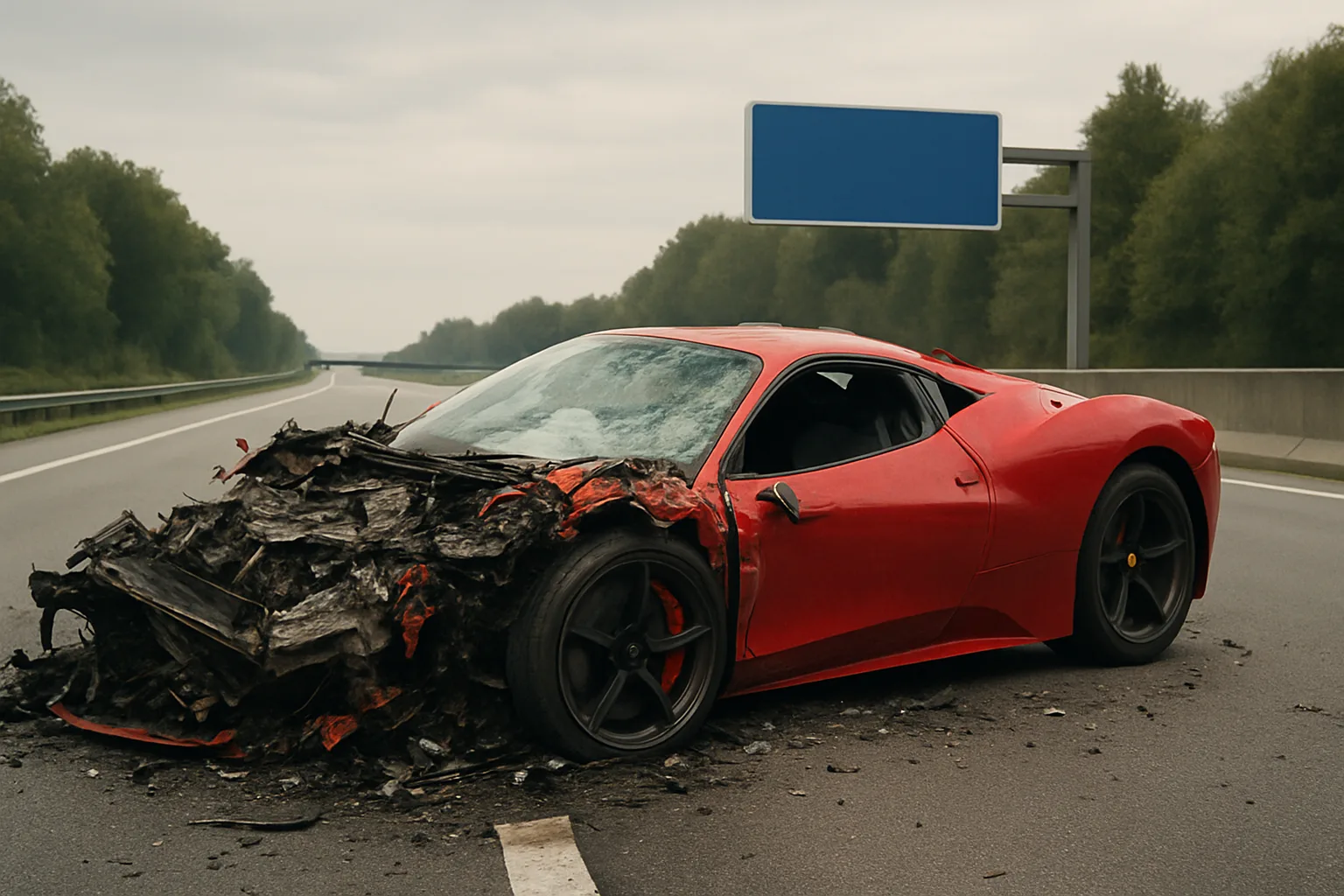 Red sports car with a demolished front end sits on an empty highway under cloudy skies, flanked by green trees