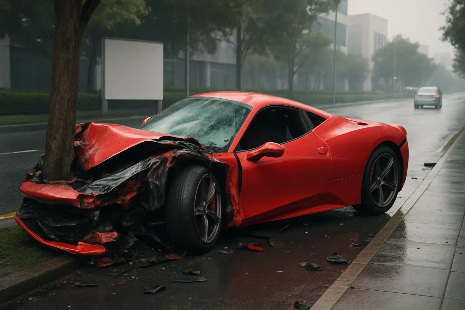 Bright red sports car with crumpled front smashed into a tree on a rain-soaked urban street, debris scattered nearby