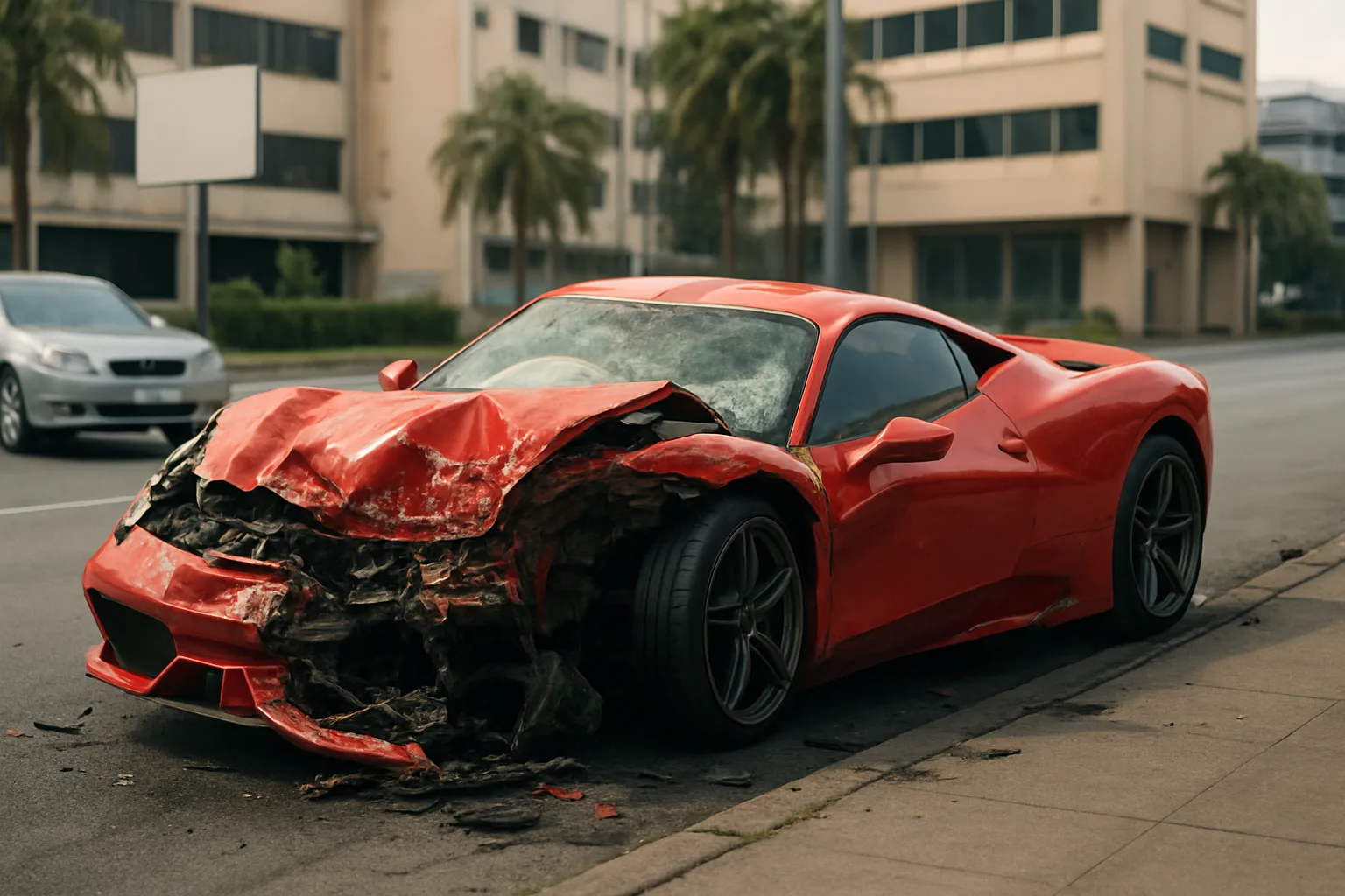 A red sports car with severe front-end damage sits abandoned on a city street under soft daylight