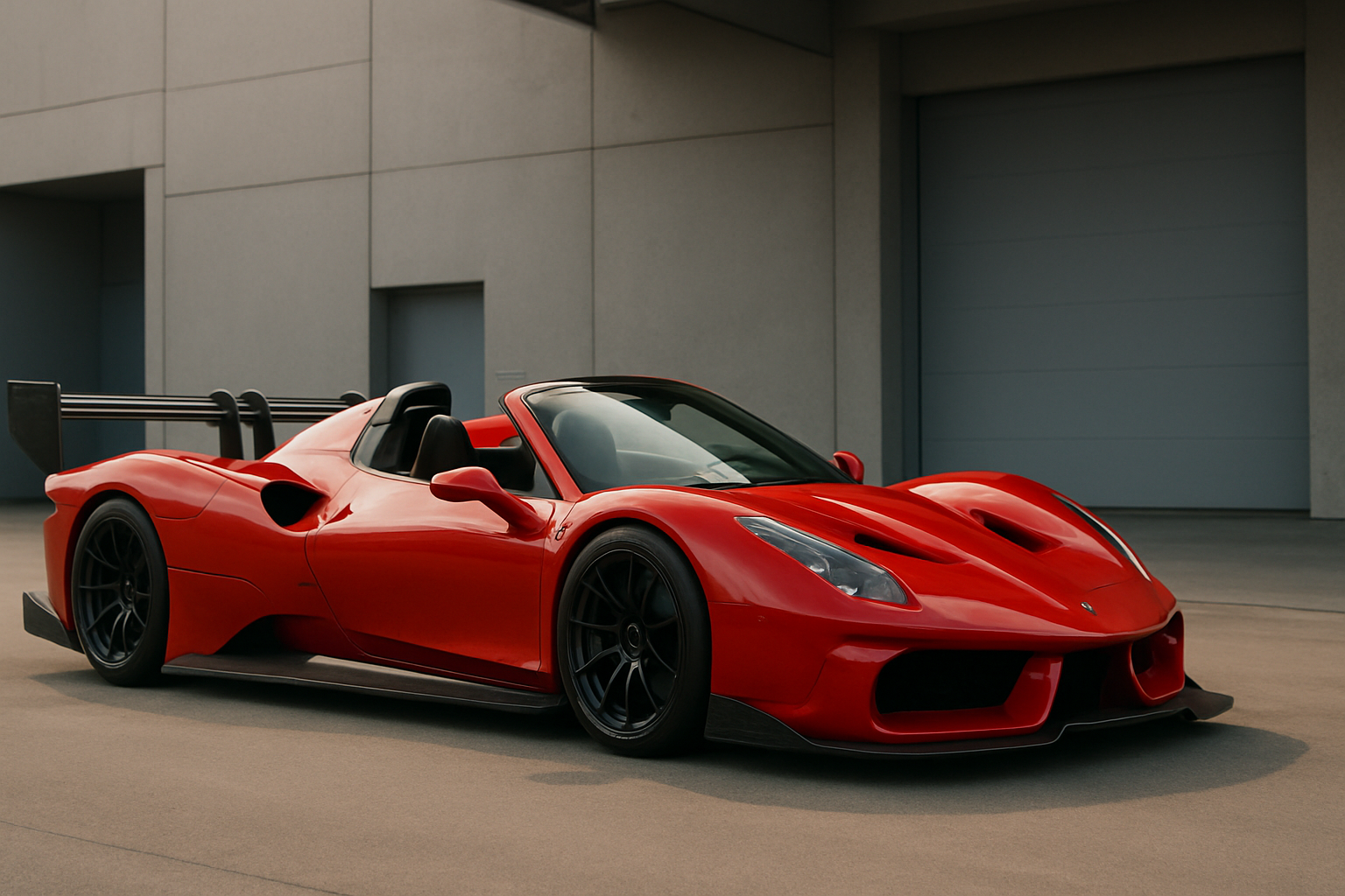 Low red sports car with black aero kit and large rear wing parked on smooth concrete by a grey industrial building