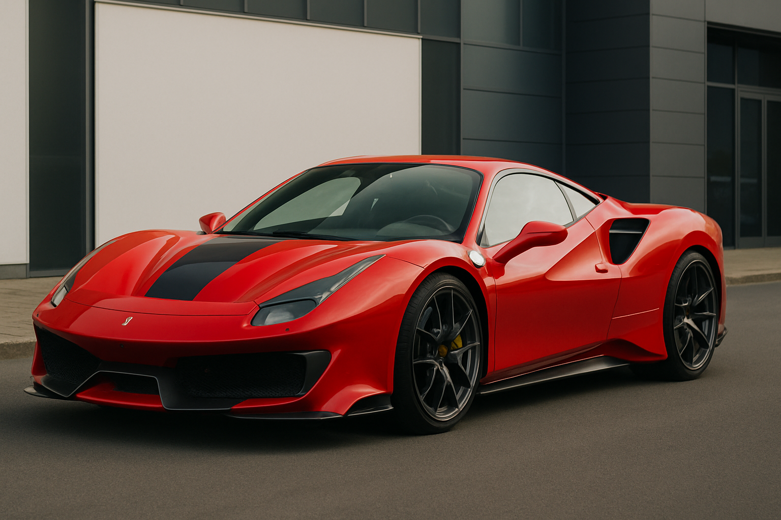 Low-slung red sports car with black racing stripe, sculpted curves, dark wheels and tinted glass parked by a modern building