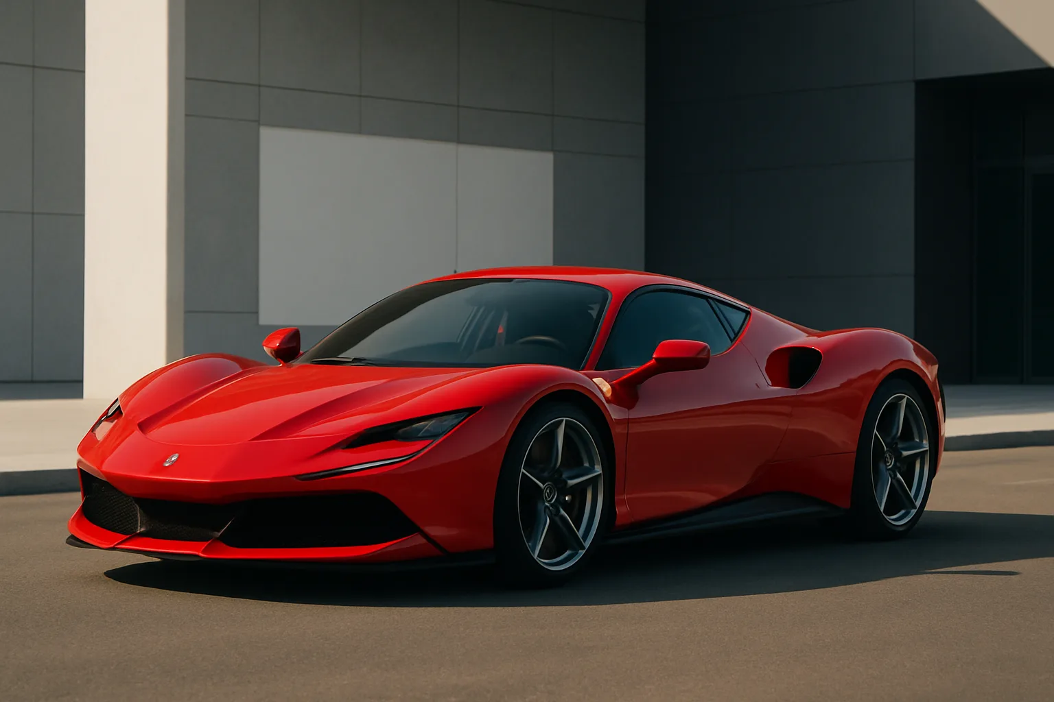 A sleek, low-slung red sports car with sharp lines and black accents parked on smooth grey pavement in front of modern architecture