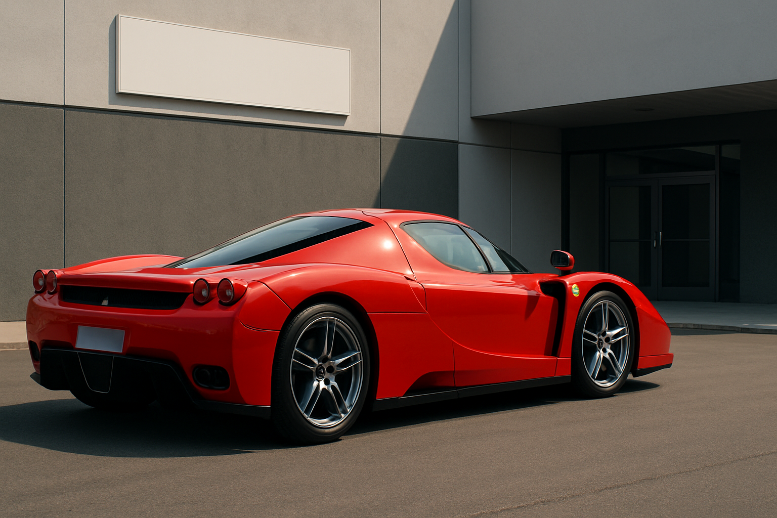 Bright red sports car with sleek, curving lines parked on sunlit pavement beside a modern grey and white building