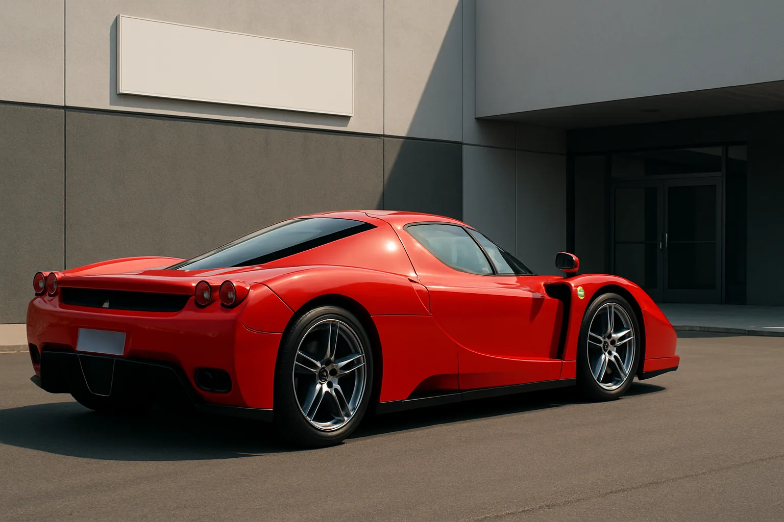 Bright red sports car with sleek, curving lines parked on sunlit pavement beside a modern grey and white building