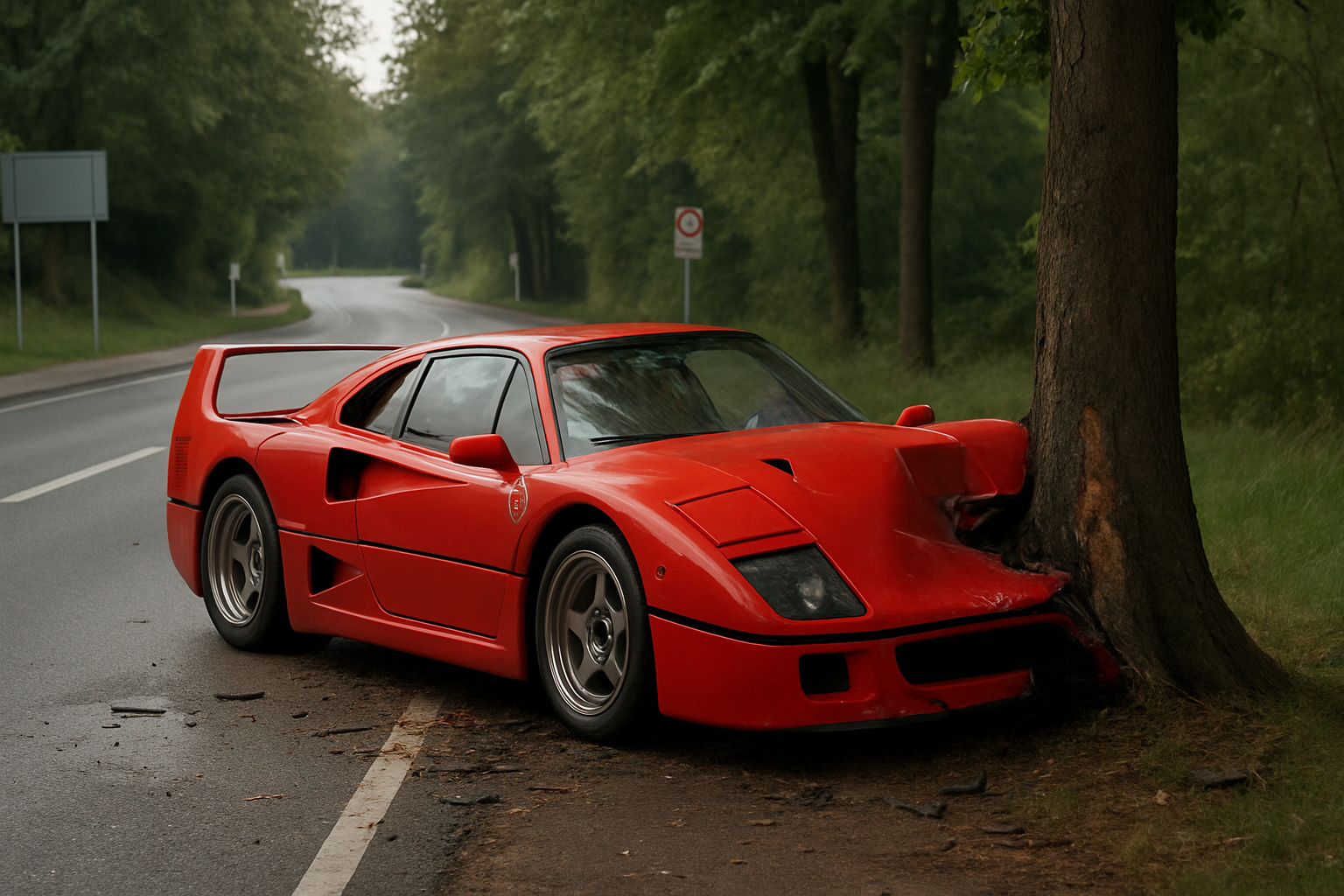Bright red sports car with a low profile and rear wing sits on a damp roadside, its crumpled front against a tree trunk