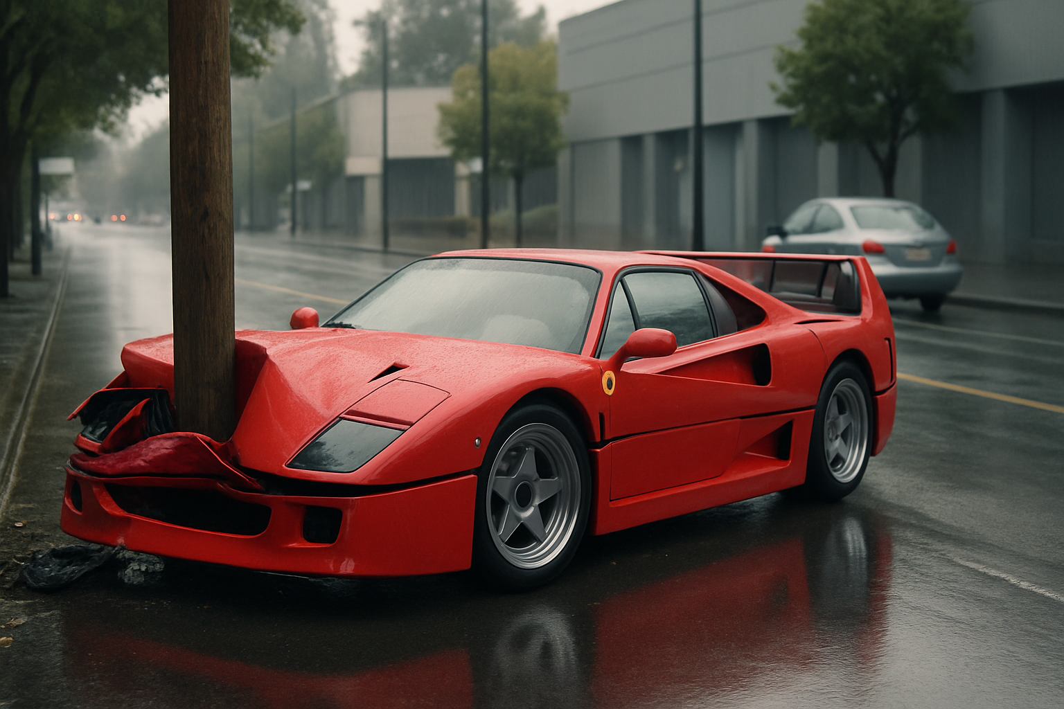 Bright red sports car with a crumpled front end wrapped around a wooden pole on a rainy, deserted city street