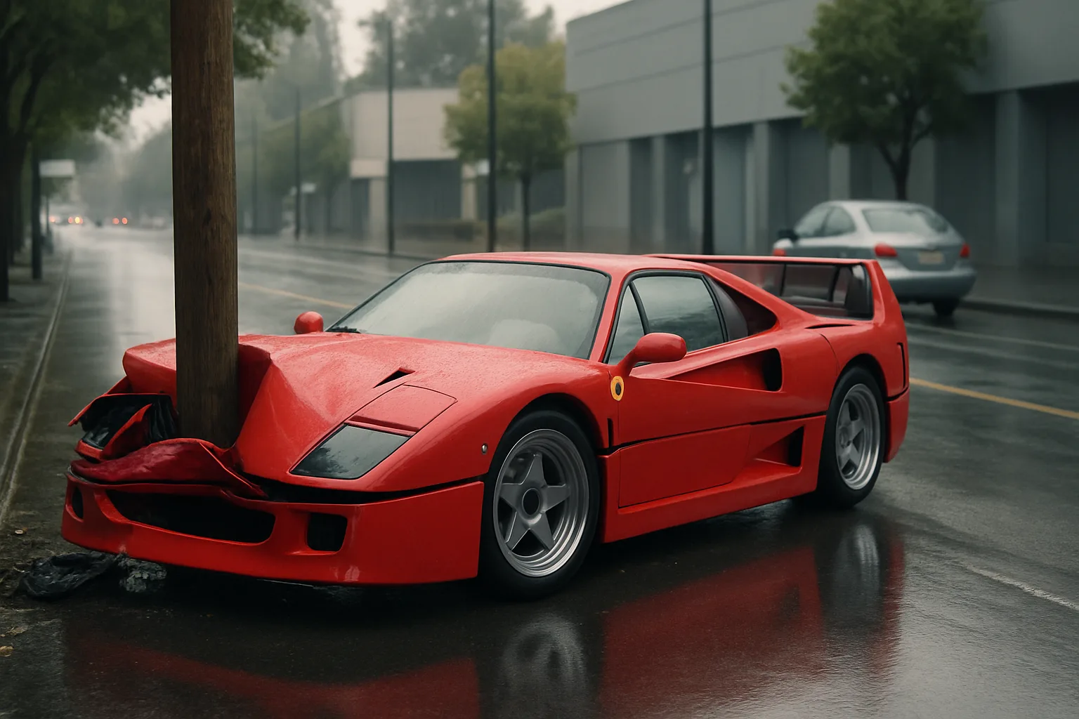 Bright red sports car with a crumpled front end wrapped around a wooden pole on a rainy, deserted city street