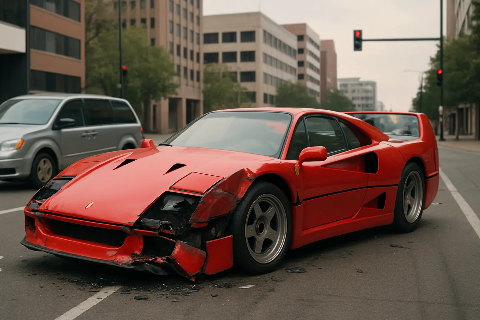 Bright red sports car with damaged front bumper and headlights parked on an empty city street under overcast light