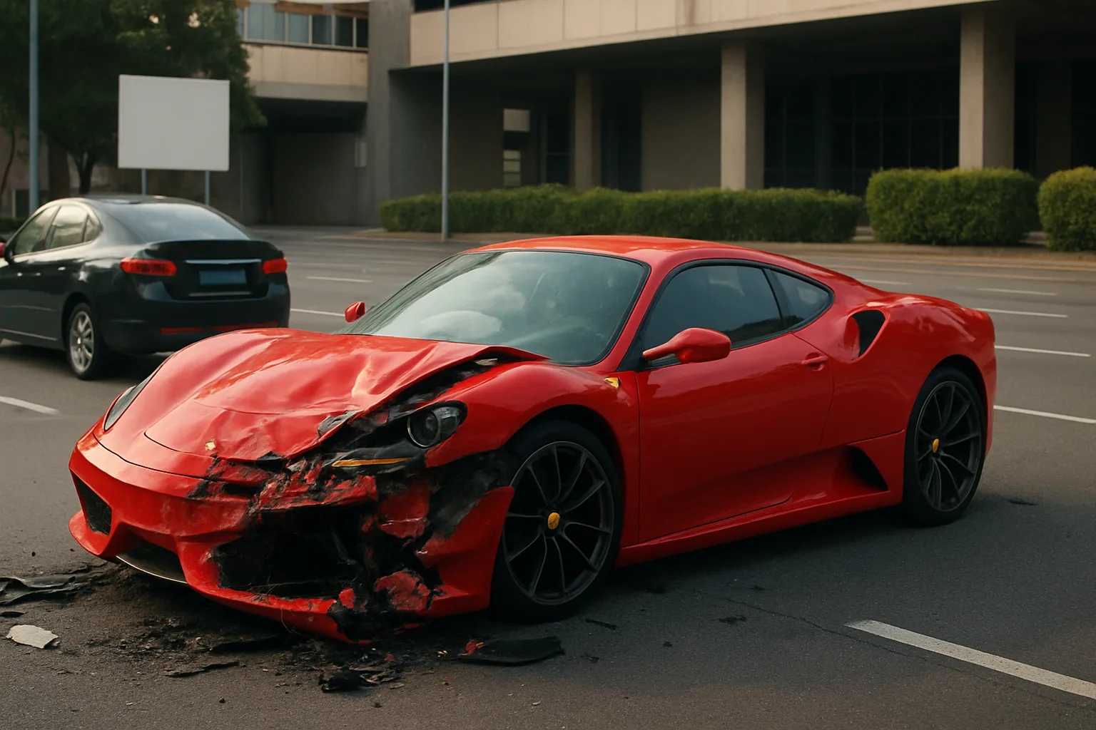 Bright red sports car with severe front-end damage parked on a wide, empty urban street in daylight