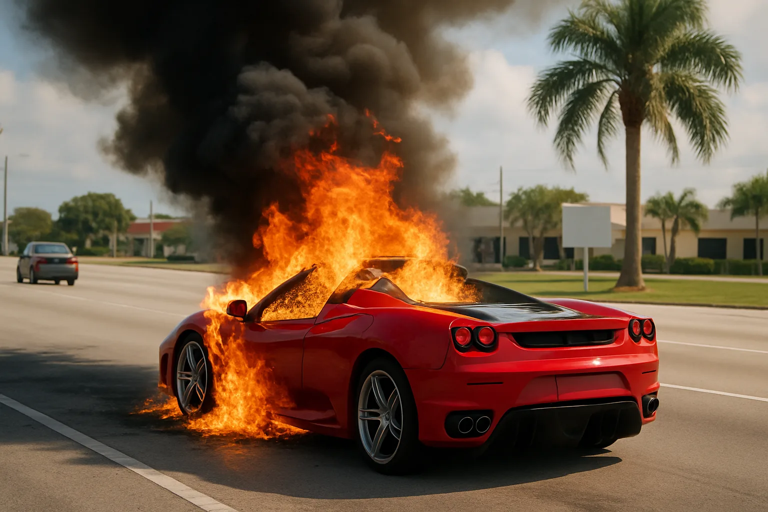Bright orange flames and thick black smoke engulf a sleek red convertible stopped on a sunny palm-lined road