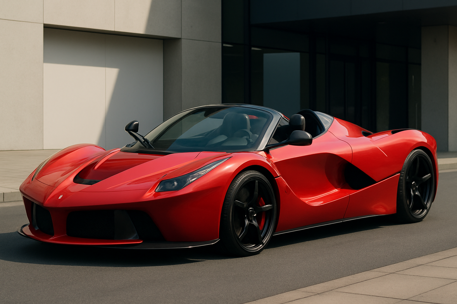 Glossy red convertible sports car with sculpted curves, black wheels and accents, parked by a modern concrete building in sunlight