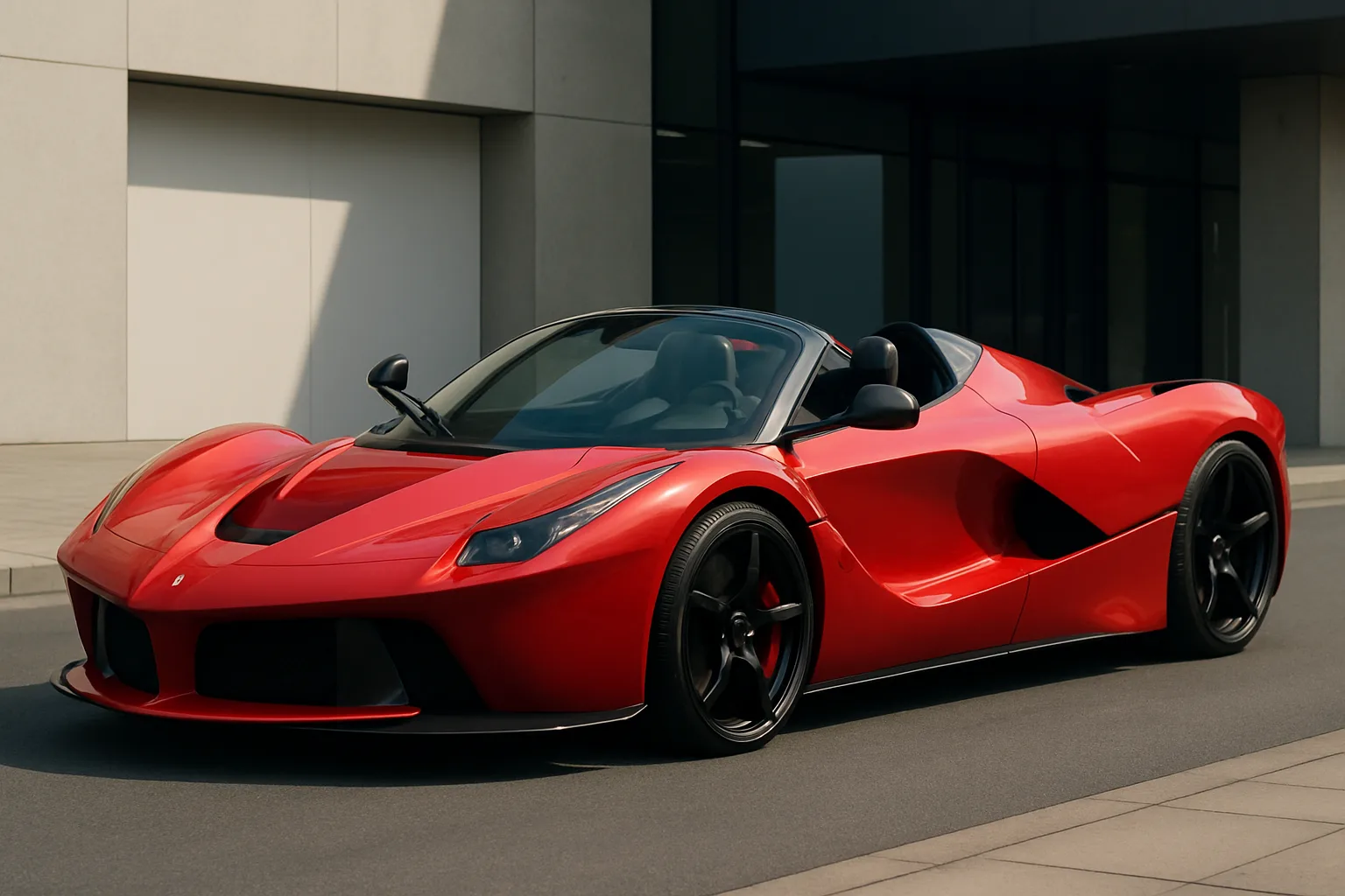 Glossy red convertible sports car with sculpted curves, black wheels and accents, parked by a modern concrete building in sunlight