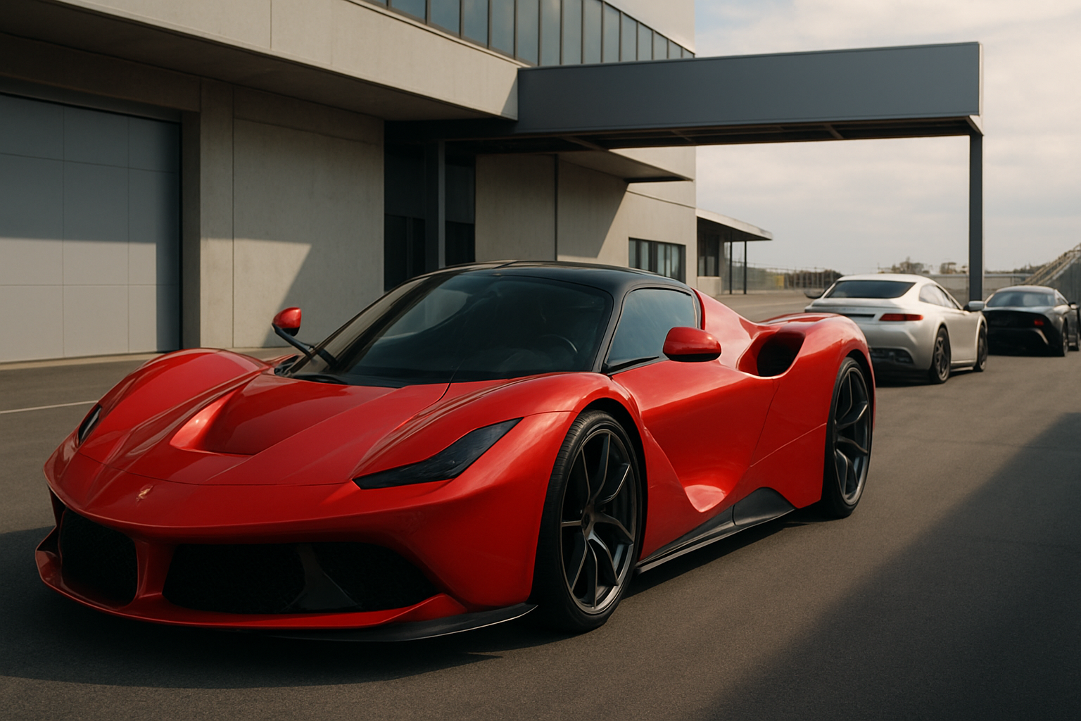 Glossy red sports car with black roof and dark wheels parked in sunlight beside two sleek white and grey cars on a racetrack