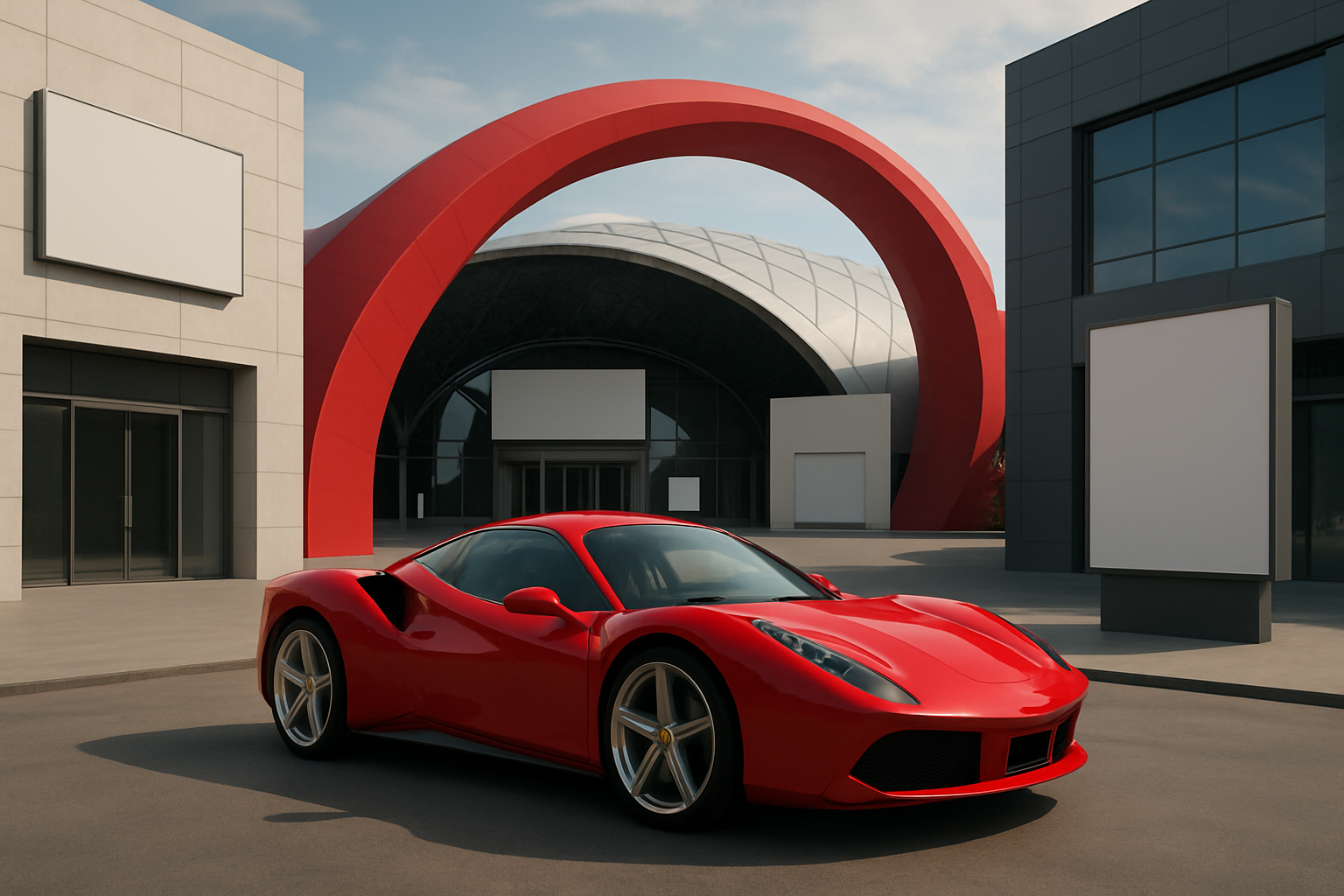 Glossy red sports car with sleek curves parked before geometric buildings and a bold red arch under a clear sky