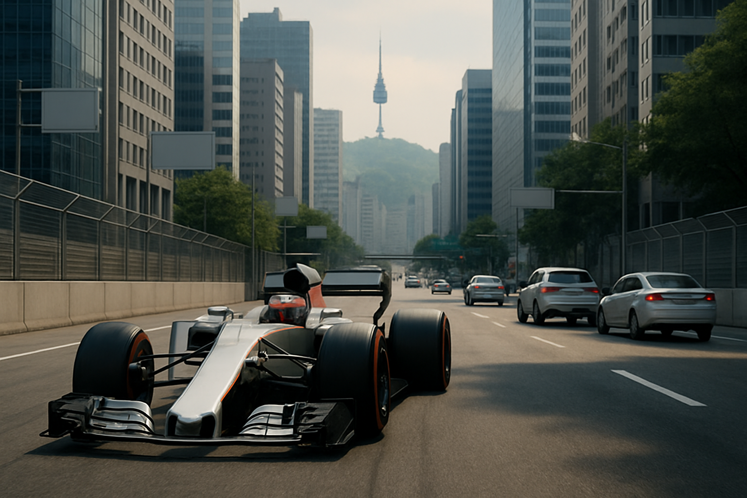 Single-seater race car with black and white livery driving on a wide city street among regular cars, tall buildings on both sides