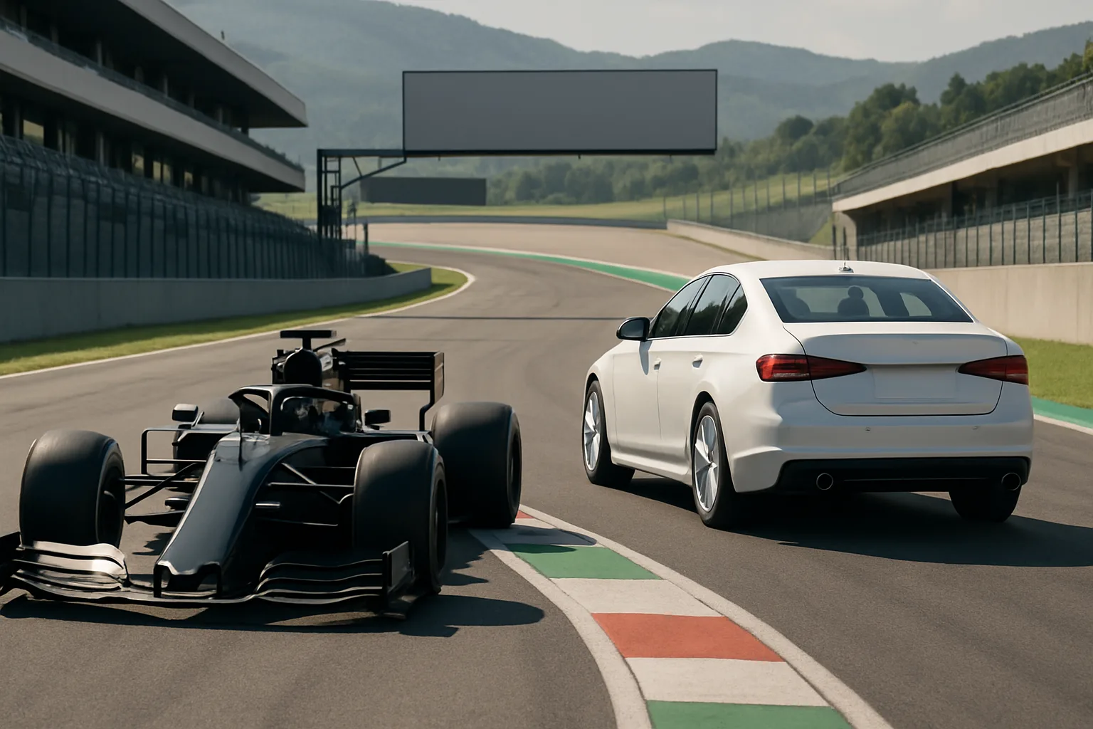 A matte black open-wheel race car and a white sedan travel side by side on a sunny, empty racetrack with green hills in background
